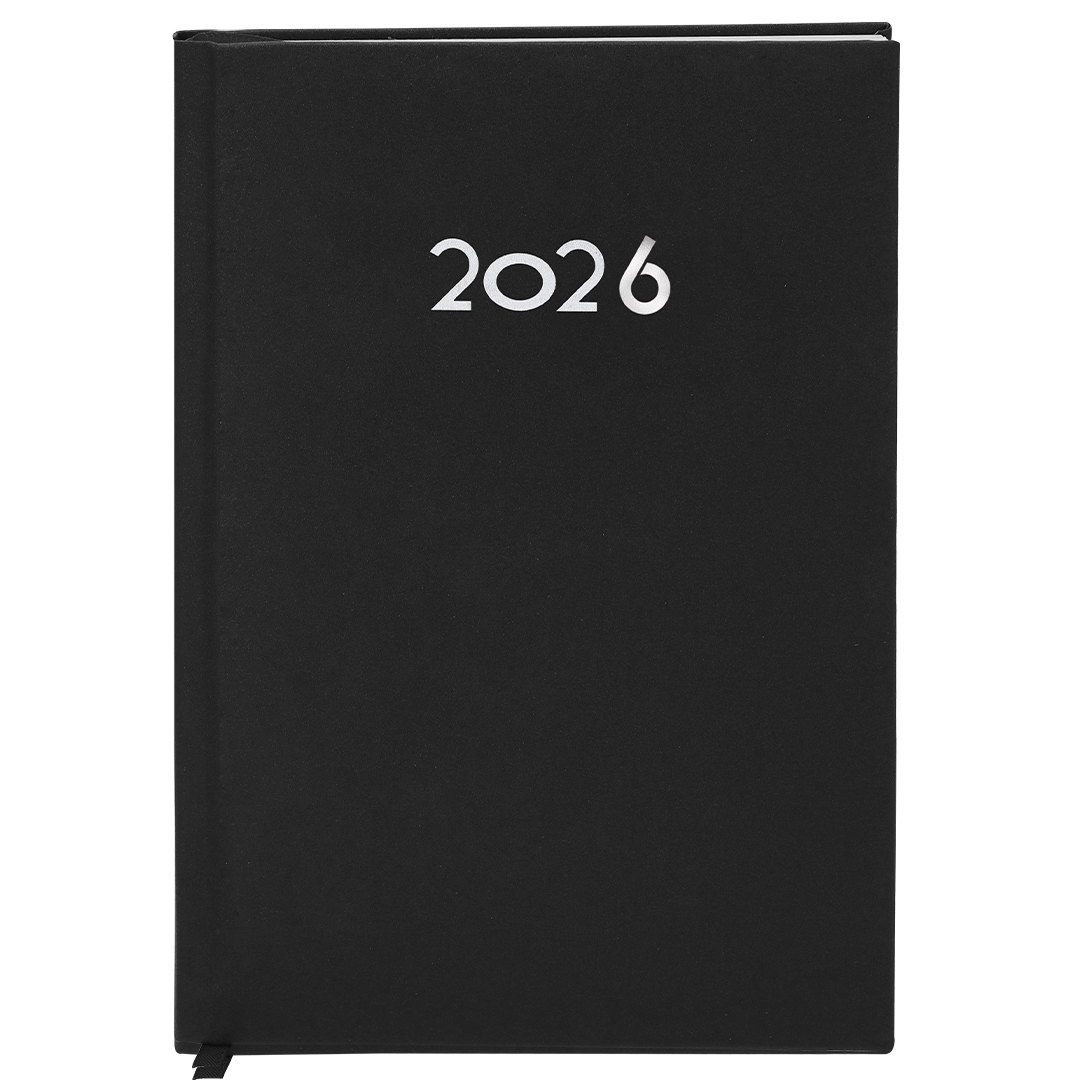 Agenda 2026 lomo | Modelo CANEK, tamaño A5, diseño día/página, cubiertas rígidas imitación tela (SOLO DISPONIBLE EN NEGRA) // Ref: 21287
