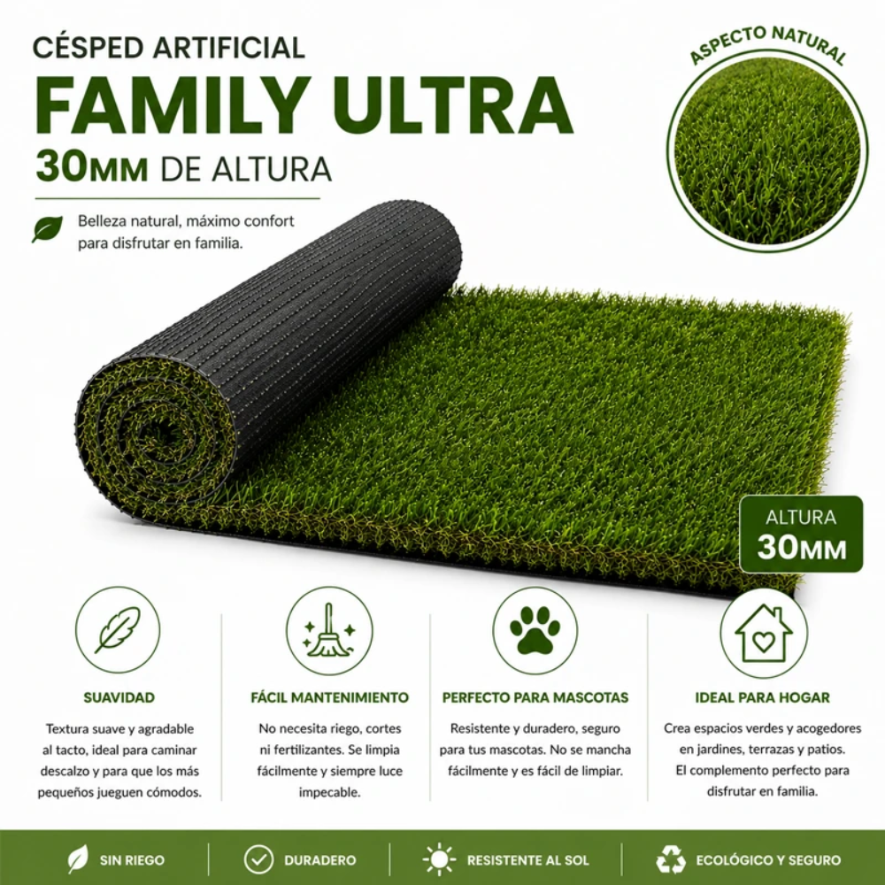 Arquiservi - Césped artificial Family Ultra 30mm Resistente, Alta Densidad y Fácil Instalación para Jardín, Terraza y Piscina