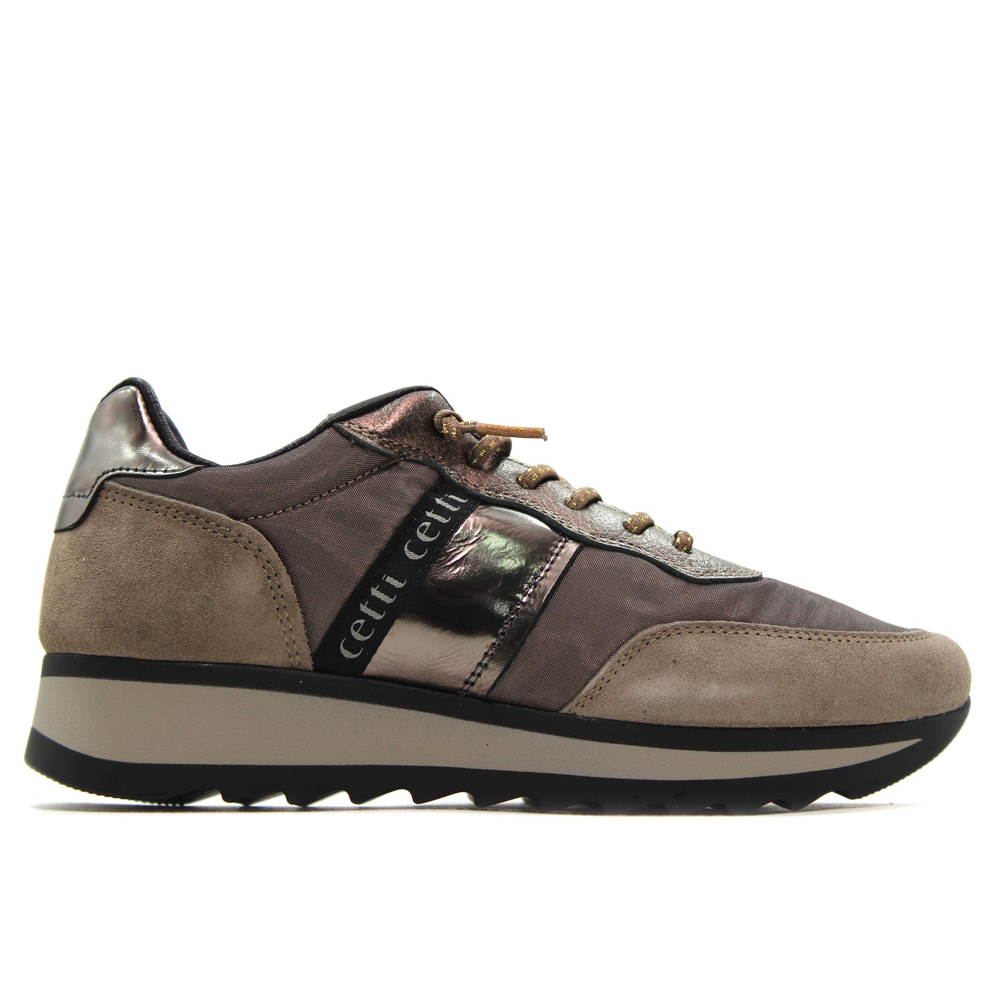 Cetti C-849 Zapato casual de piel y textil, cuña baja, cordón elástico, suela de goma, para señora