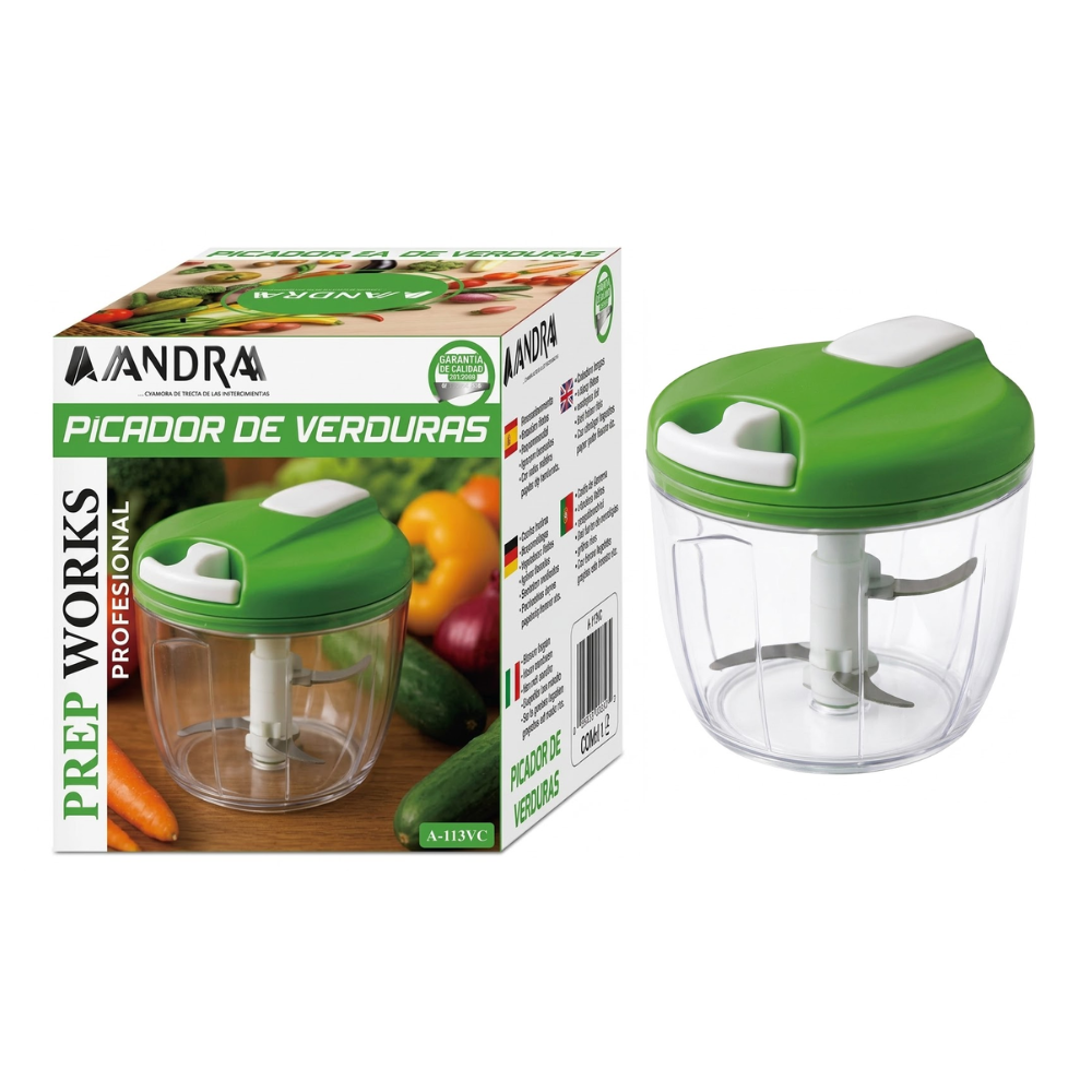 ANDRA - Picador de Verduras Manual 5 Cuchillas Siempre Afiladas Rápido y Fácil, Cuerda de Nylon Diseño Take n Go Cuchillas Desmontables Base Antideslizantes Hierbas Verduras Frutas Cocina