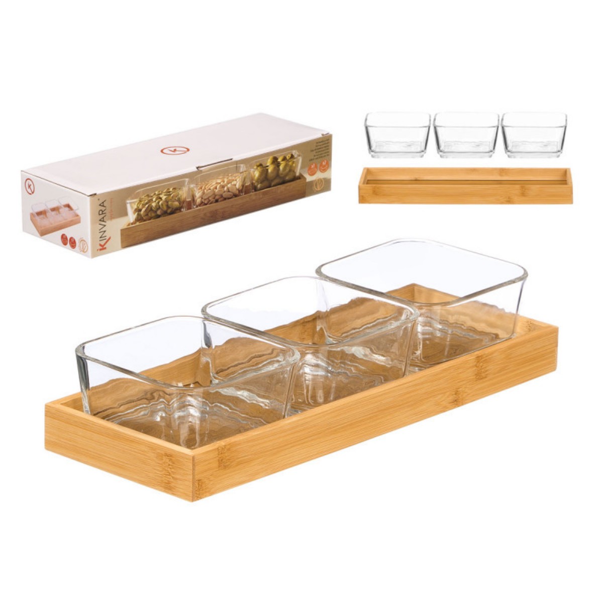 Zylx shopping - Juego de Aperitivos de Bambú con Cuencos de Cristal | Set de 3 o 4 Bowls para Snacks, Salsas y Frutos Secos | Diseño Nórdico y Elegante