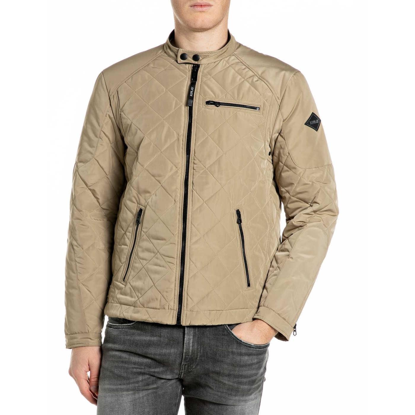 Chaqueta Replay estilo motero beige guateada para hombre