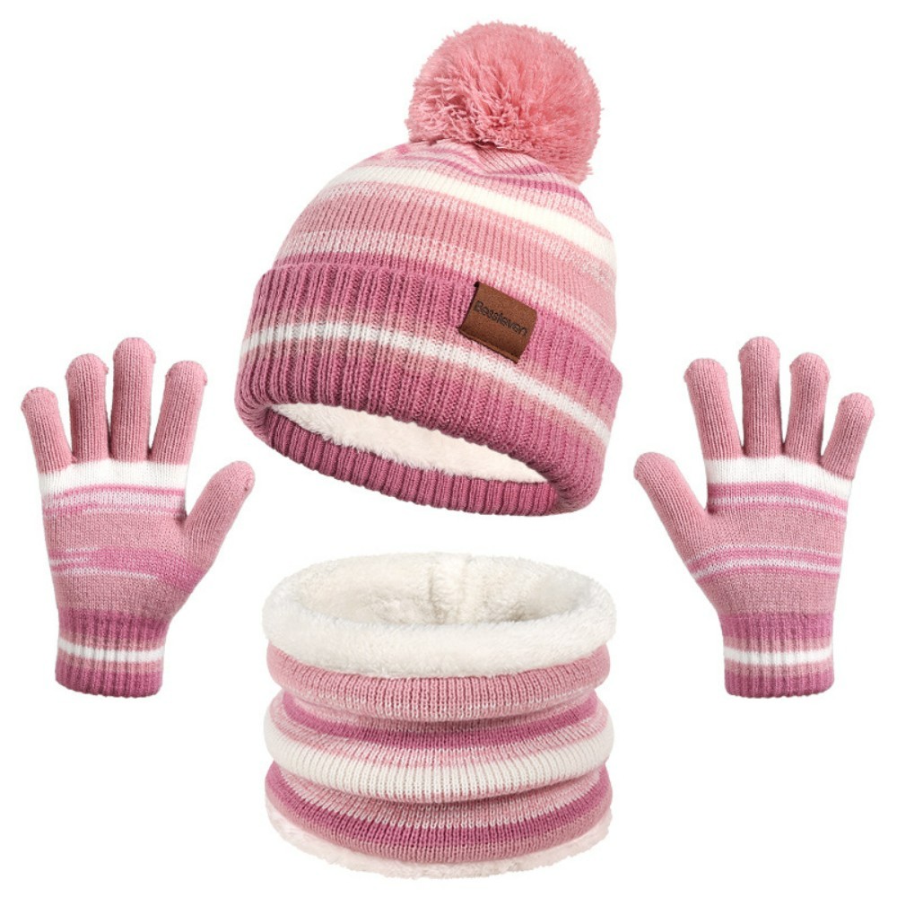 TK Conjunto de tres piezas para niños, gorro, bufanda y guantes, conjunto de gorro de punto cálido con forro polar de otoño e invierno (conjunto de tres piezas rosa 0038, talla única).