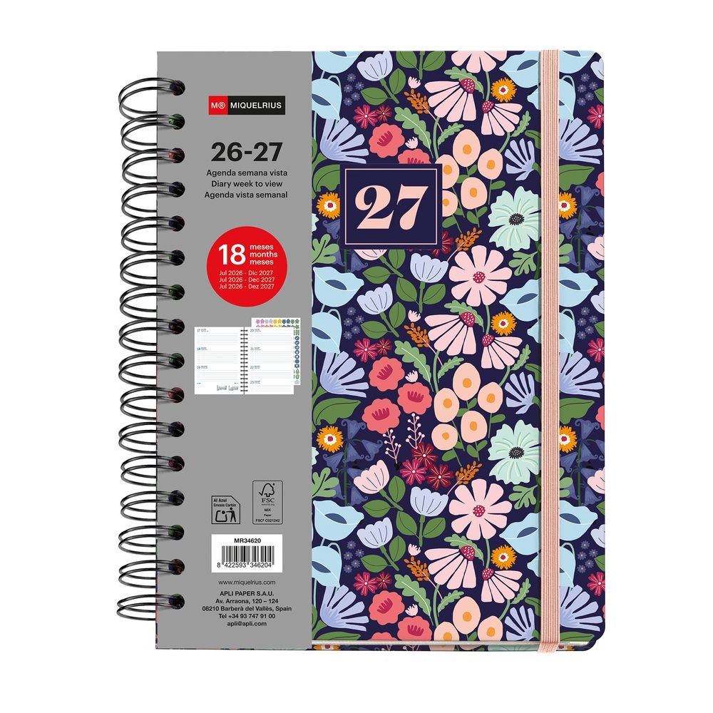 Agenda escolar 18 meses 2026/2027 Wire-O semana vista Miquelrius Black Bloom