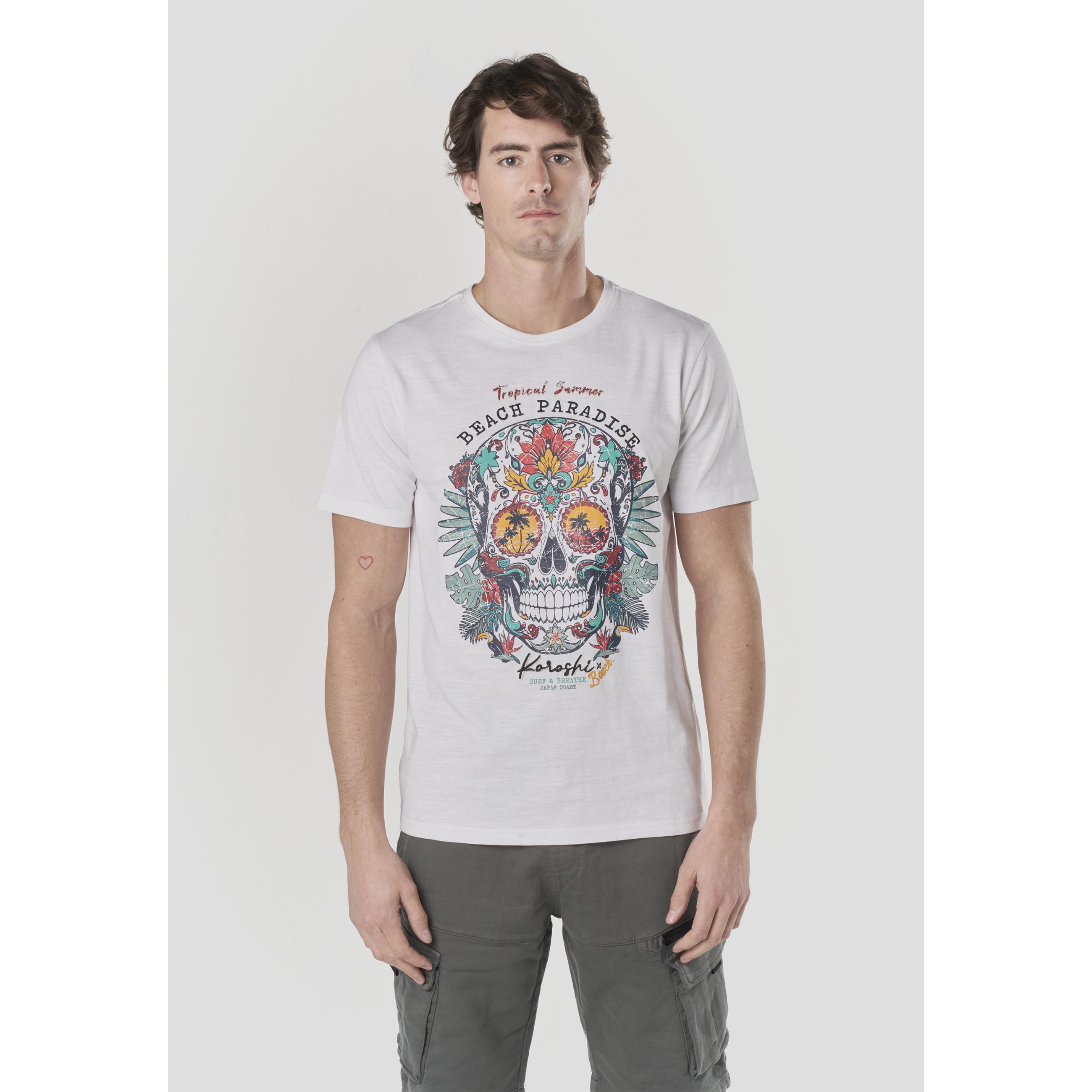 Koroshi - Camiseta hombre manga corta estampado calavera tropical 'Beach Paradise' 100% algodón para verano