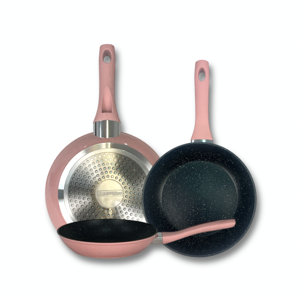 Sartenes de Cocina Horizon, Color Rosa De Aluminio Forjado, Revestimiento Aspecto Piedra, Antihaderente Tricapa, Compatible con Gas, Vitrocerámica y Cocinas De Inducción, Libre De Pfoa