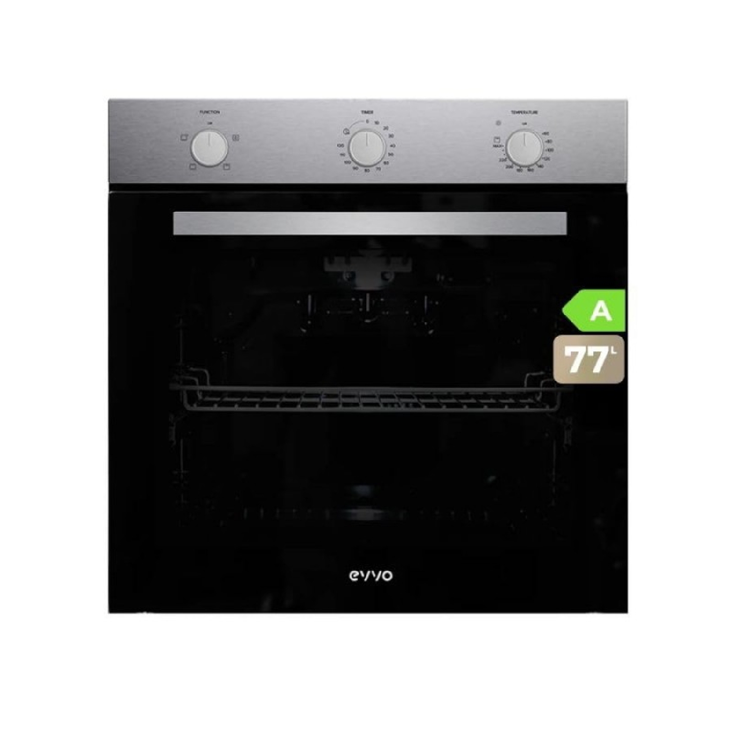 EVVO Horno Eléctrico Empotrable, Eficiencia A - 2800W, 77 Litros, Función Grill, 4 Programas, Temporizador, Mando Selector, Puer