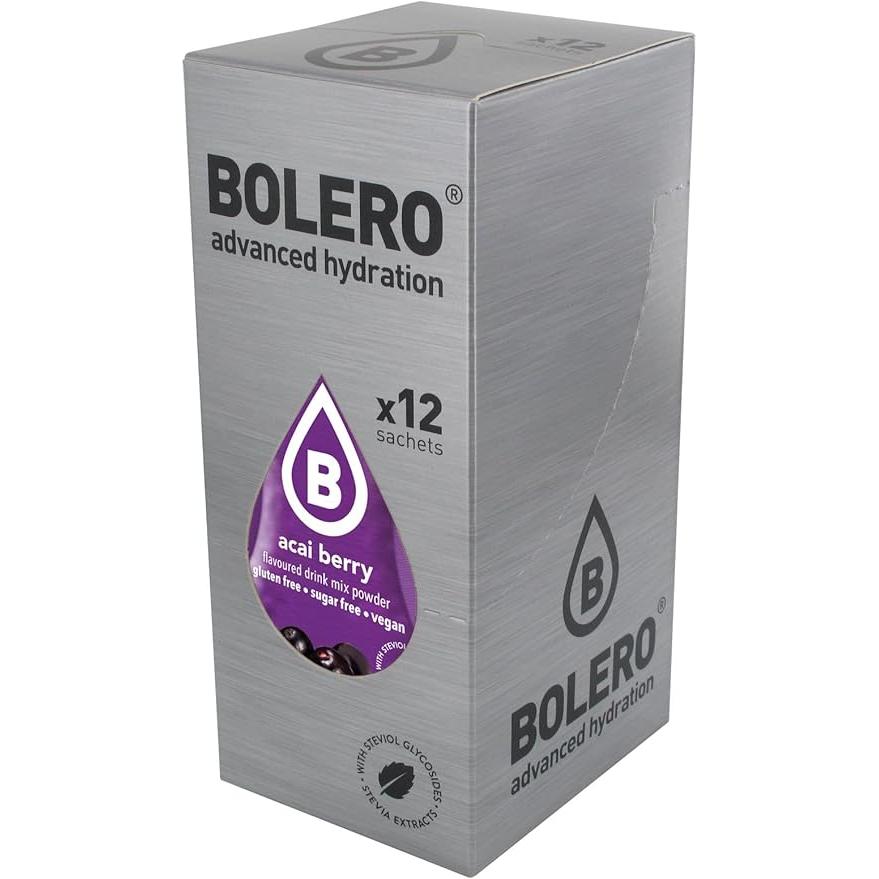 Bolero Bebida Instantánea Sabor Bayas de Açaí, Pack de 12x9g. Preparado en polvo sin azúcar con Stevia y Vitamina C, un refresco antioxidante para una hidratación saludable.