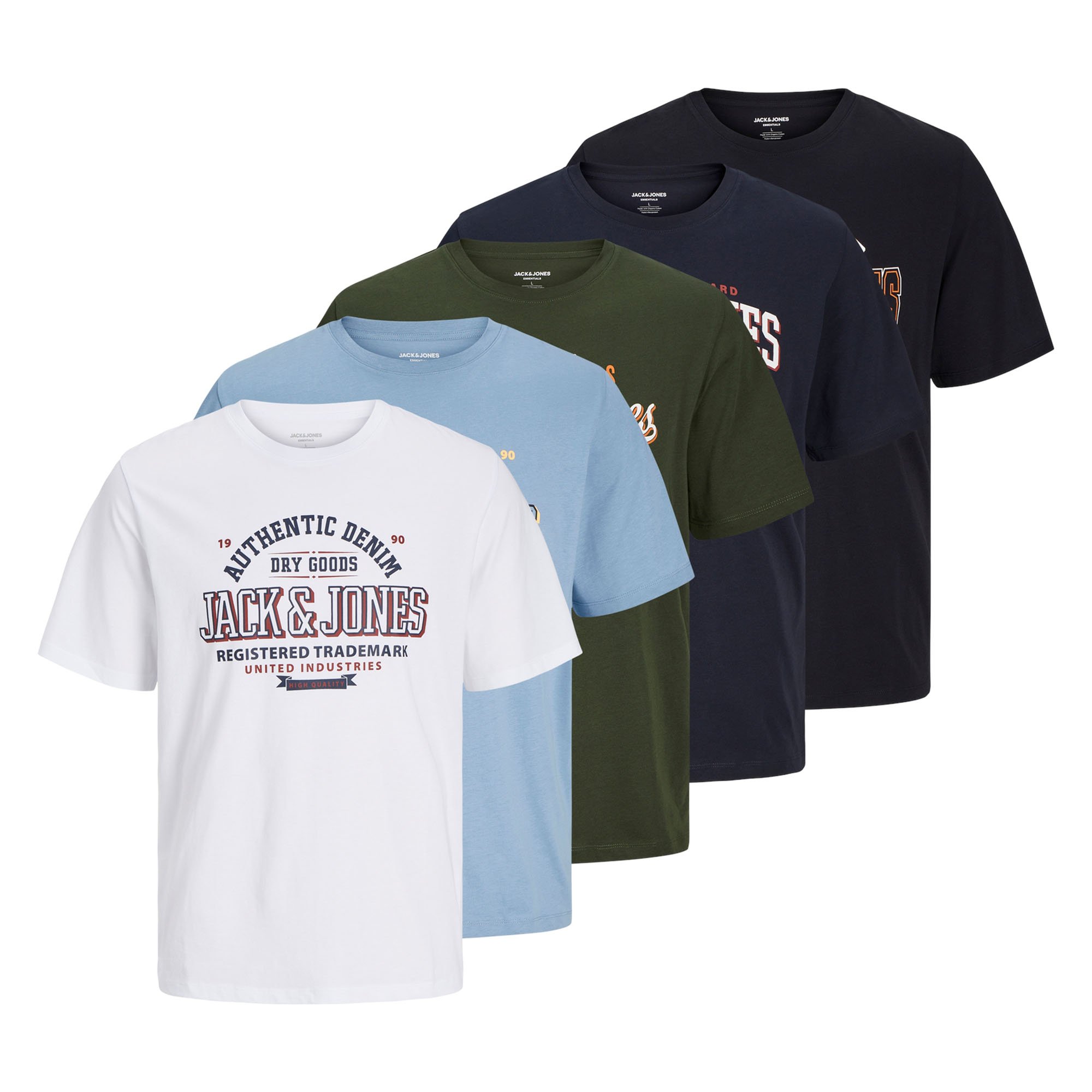 JACK&JONES Camiseta hombre, pack de 5 - JJELOGO TEE 5PK, manga corta, cuello redondo, algodón JJELOGO TEE 5PK