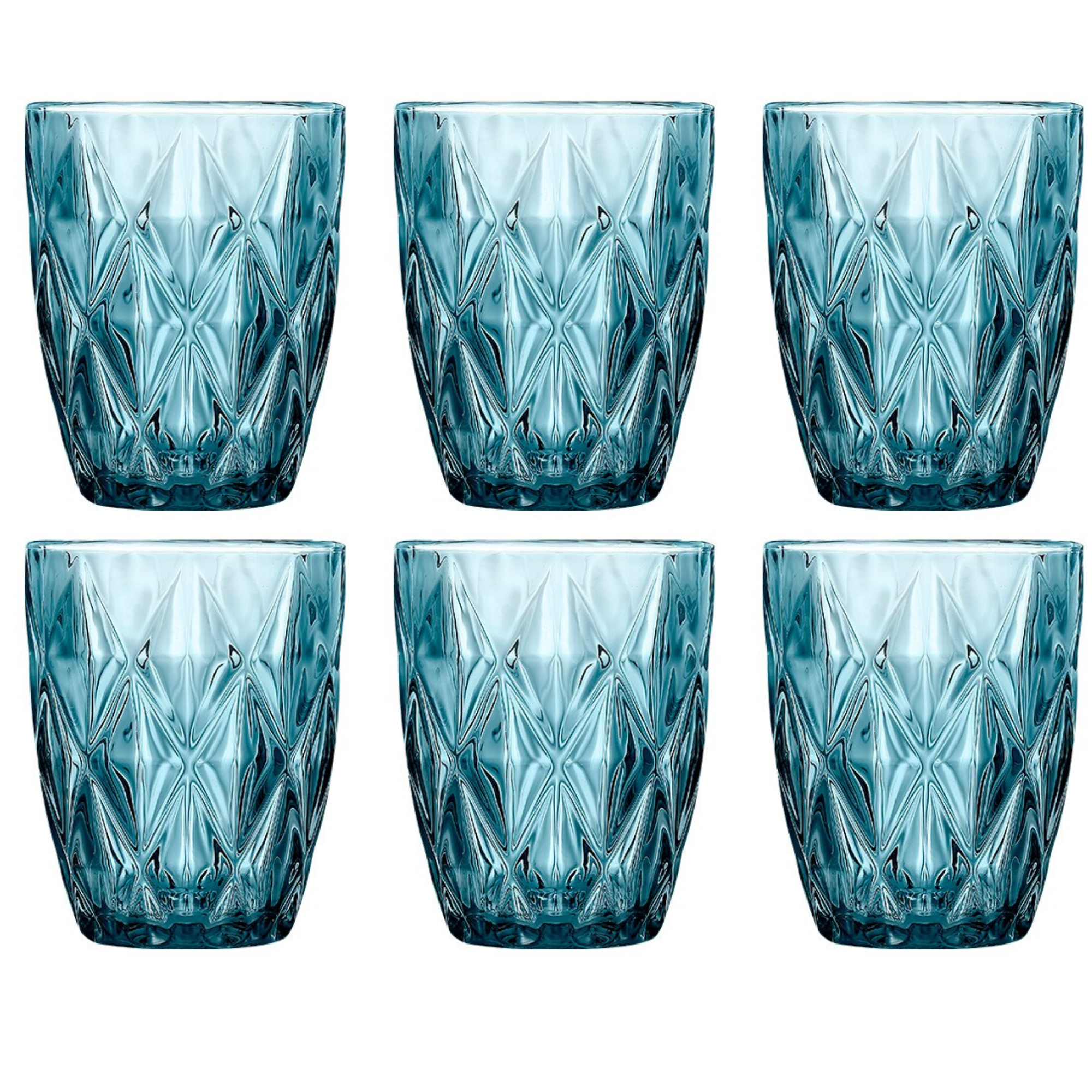 Pack 6 Vasos Altos de Cristal Azul 300 ml – Vasos Highball para Agua y Refrescos Diseño Diamante, Cristal Grueso y Resistente – Aptos Lavavajillas, No Pierden Brillo – Vasos Elegantes