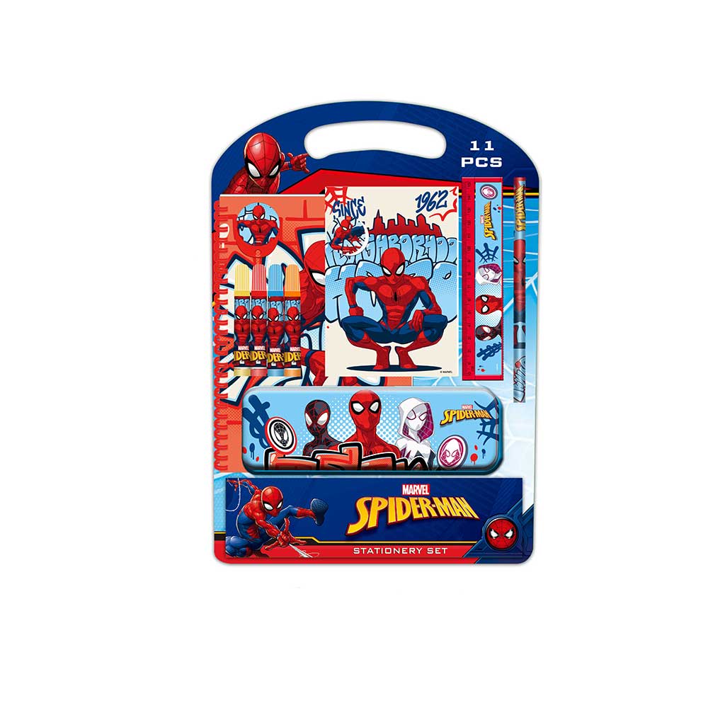 SAFTA | Set de Escritura Marvel Spider-Man Attack 11 Piezas 27 x 37,5 x 3 Cm (3 Litros), Plumier Metal y Rotuladores, Regla 15 cm, Sacapuntas y Goma, Libreta Anillas A4 40 Hojas y Diario A6, Blíster