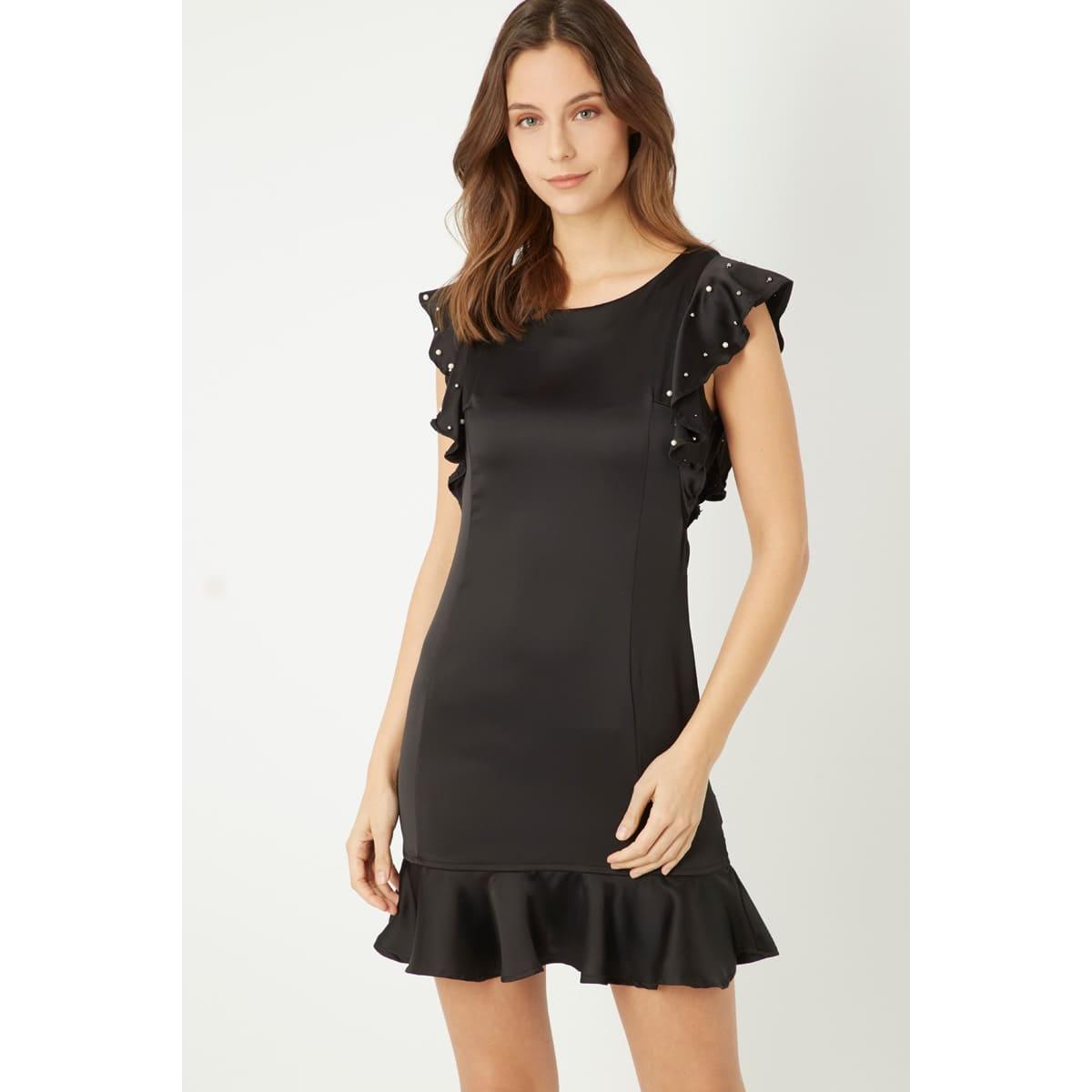 Vestido corto, dress elegante satinado, manga corta volante, escote abierto, adorno cuentas fantasía, cierre cremallera, talla 36, estilo moderno y cómodo, color negro, ideal eventos y fiesta ✅Entrega 24/48h