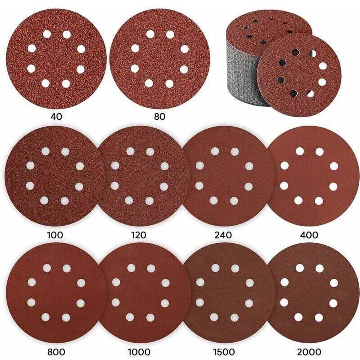Discos de lijado, 80 piezas. Discos de lijado de 125 mm. Papel de lija. Discos de lijado para lijadoras orbitales aleatorias: 10 P40 / P80 / P100 / P120 / P240 / P400, 5 P800 / P1000 / P1500 / P2000, 8 agujeros.