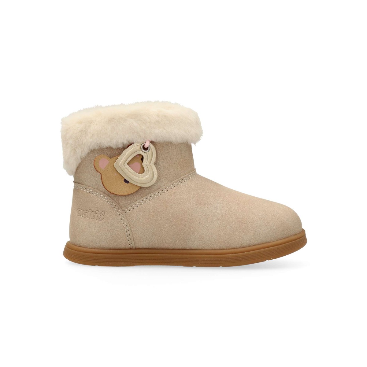 Conguitos - Botines de piel sintética con forro de pelo para niña, cierre lateral y charms decorativos color beige