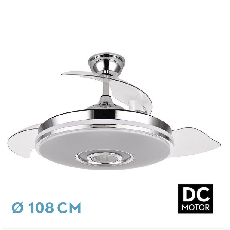 FABRILAMP PREMIUM Ventilador Dc Noto 72w 6120lm Cromo 3asp.desp.6velocidades 108d 3 Colores+rgb Bluetooth, Remoto, Memoria Y Altavoz Incluye mando a distancia y dos tijas de 10 y 25 centímetro Productos originales calidad de confianza