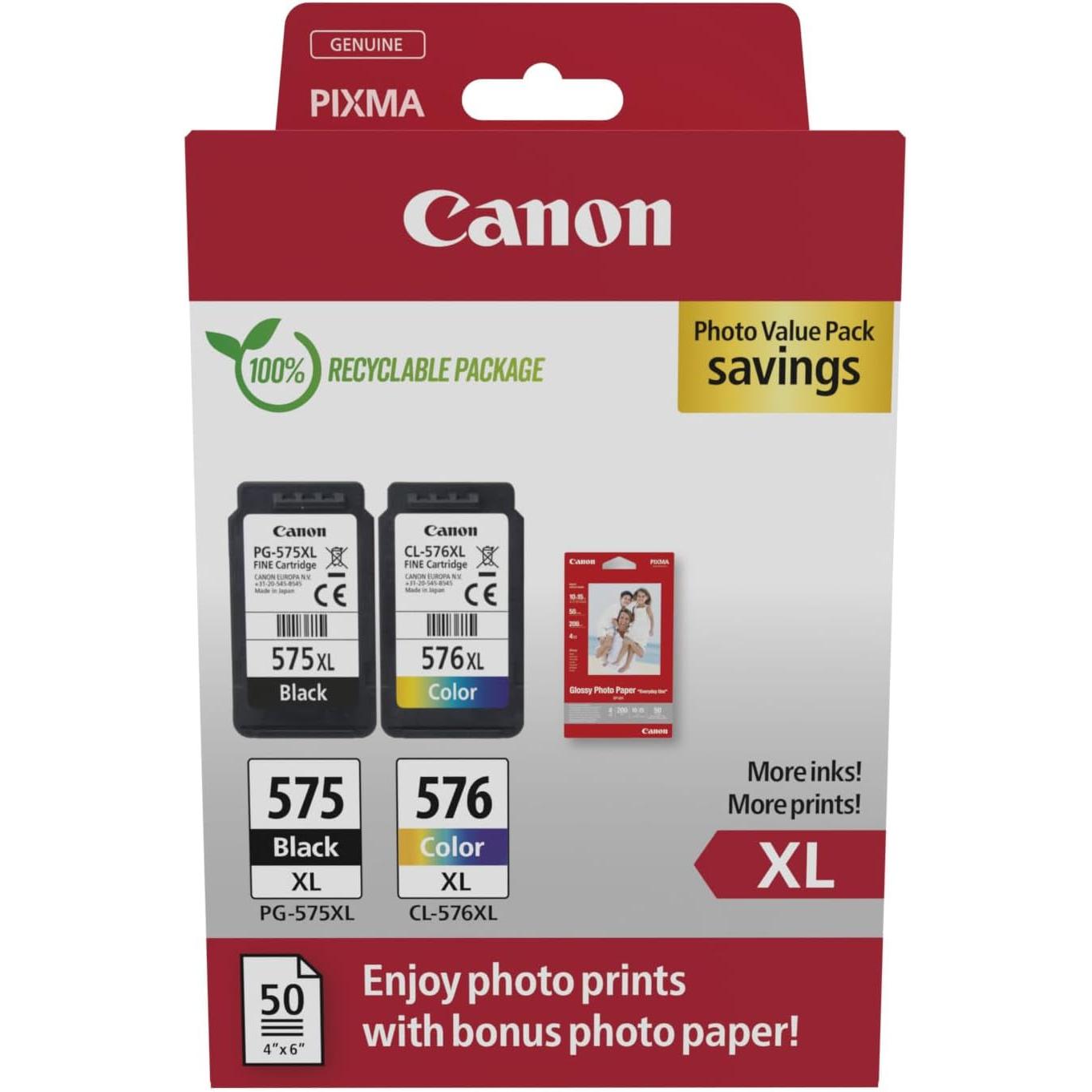 Canon PG-575XL + CL-576XL Cartucho de Tinta Negro + MultiColor Original Gran Capacidad+ Papel Fotográfico 4x6 (PIXMA) Impresoras PIXMA TS3750i, PIXMA TS3751i, PIXMA TS3752i, PIXMA TS3550i, PIXMA TS3551i, PIXMA TR4750i, PIXMA TR4751i, PIXMA TR4756i