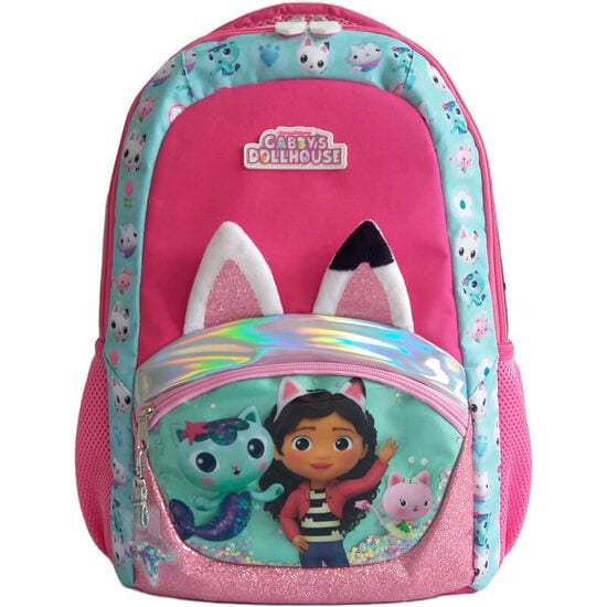 Mochila Infantil La Casa de Muñecas de Gabby, 32 cm, 2 Compartimentos con Cremallera, Bolsillos Laterales de Rejilla, Tirantes Acolchados Ajustables, Rosa y Turquesa