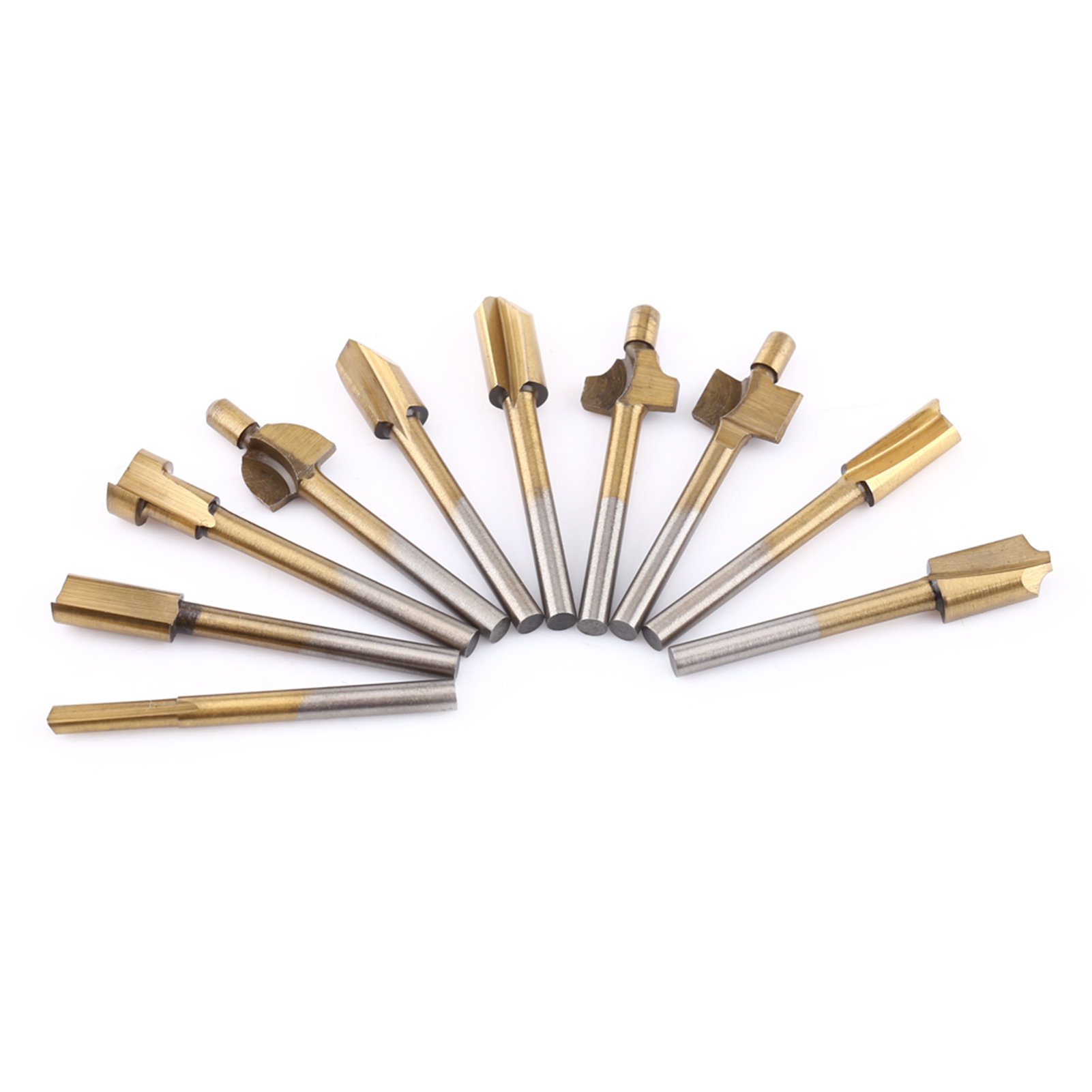 Piezas de maquinaria de carpintería, 10 Uds., cortadores de bordes para carpintería con revestimiento de titanio HSS, brocas para máquina enrutadora, vástago de 1/8