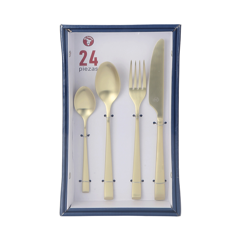 Mr.Spoon Juego 24 Piezas Cubiertos, Acero Inoxidable 18/0, Color Oro Mate, Alta acabado, Diseño moderno, Incluye cuchillo,tenedor,cuchara,cucharilla, Cubertería, Apto para lavavajillas. Ideas de regalo, Incluye bolsa de regalo.90035