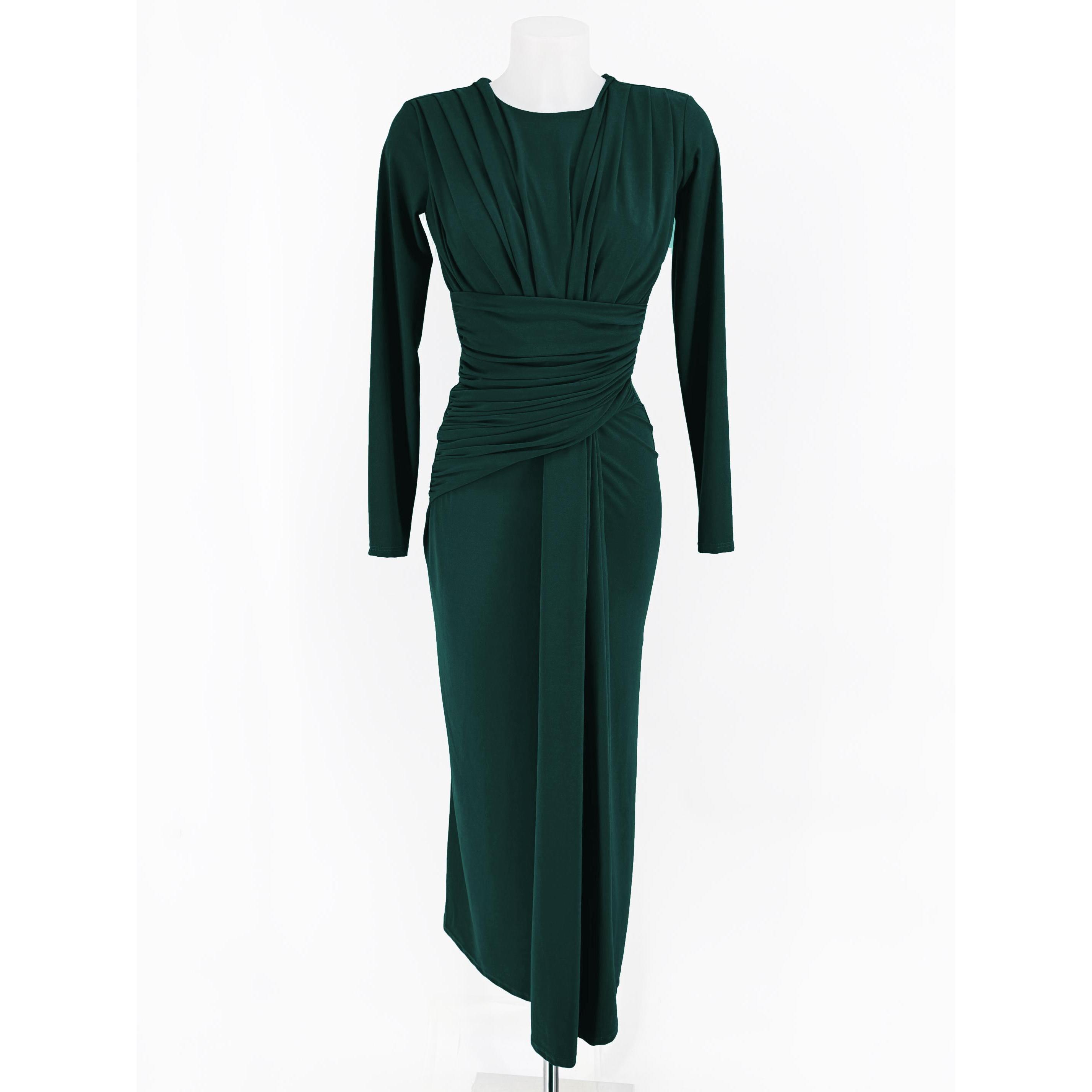 Vestido Largo Ajustado de Manga Larga con Cintas Cruzadas en Cintura y Draspeados Elegantes | Ideal para Eventos, Fiestas y Cenas Especiales. Diseño Entallado de Cuello Redondo que Estiliza la Silueta de Forma Única y Sofisticada (Talla Única 34-40)