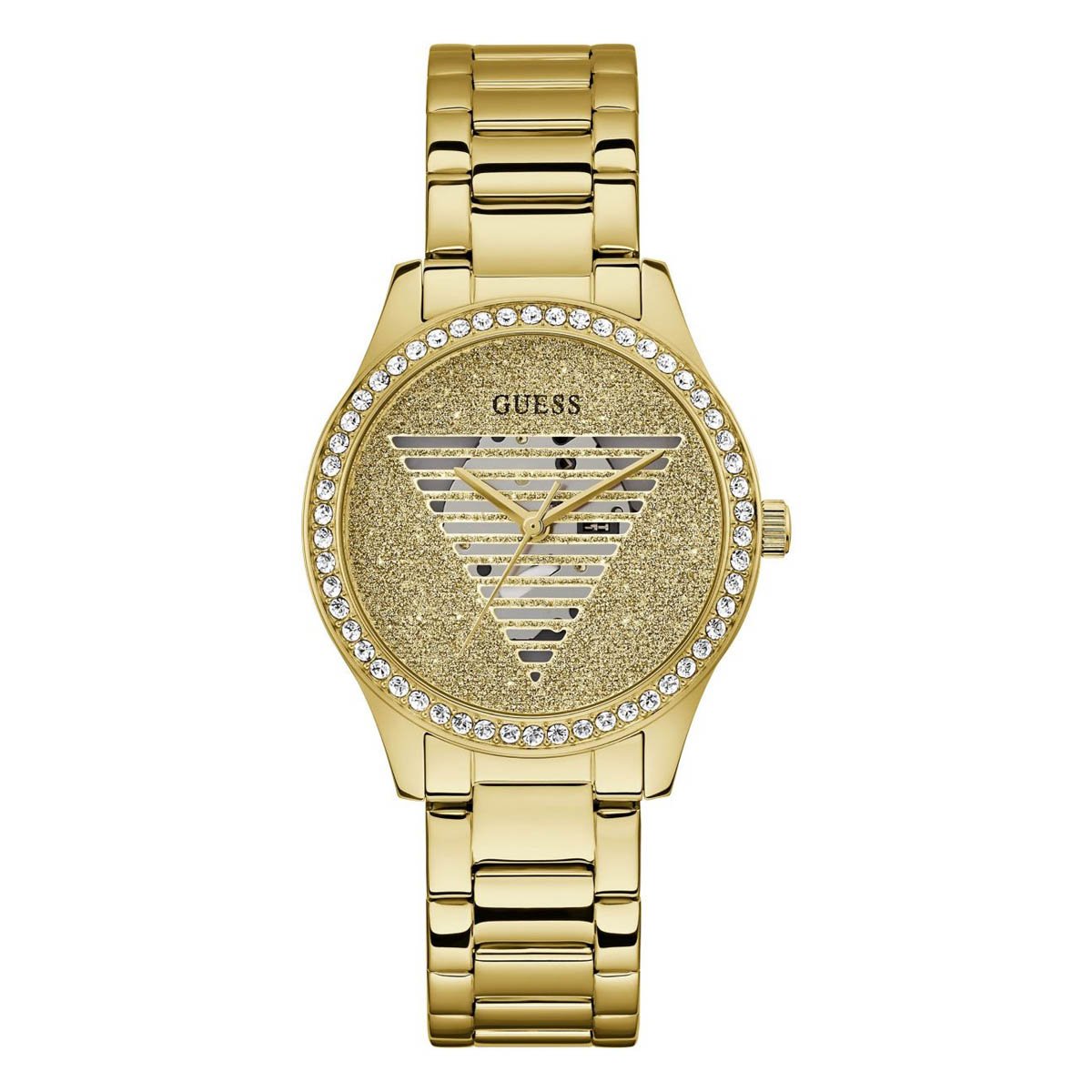 GUESS - Reloj Lady Idol GW0605L2 para mujer, de acero inoxidable dorado, esfera dorada y correa metálica delgada de 5 mm, 38 mm, cierre desplegable, movimiento de cuarzo de alta precisión