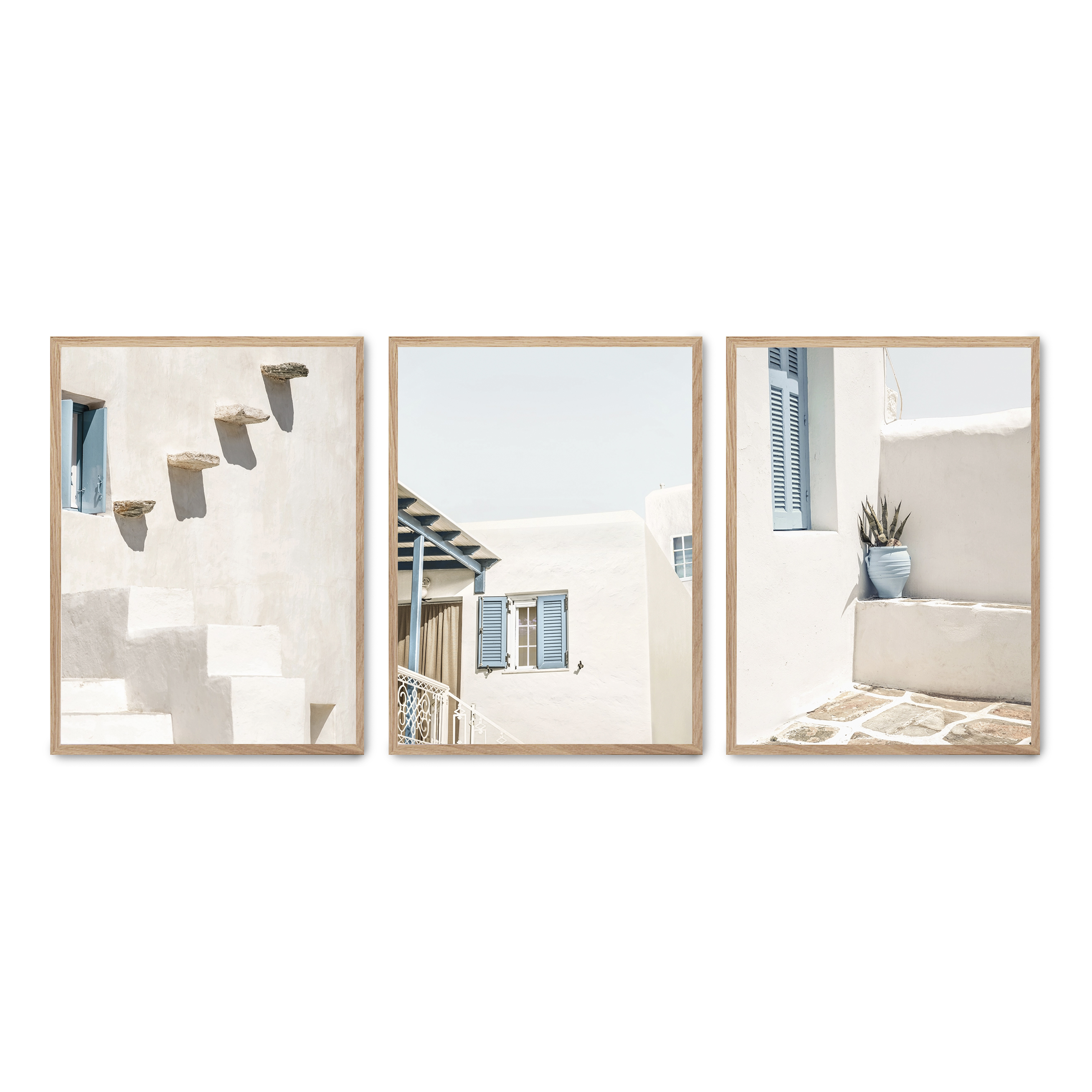 Set compuesto por tres cuadros con marco roble 30x40cm, Póster impreso en papel de calidad premium de 180gr, montado en marco de madera MDF con acabado en color roble, SETS