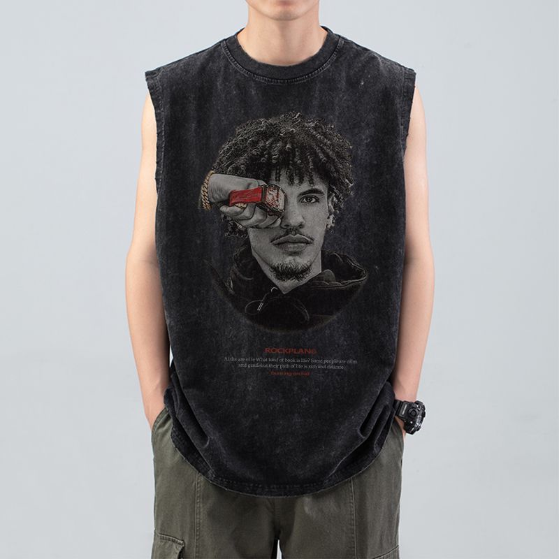 TK Chaleco de verano para hombre, personalidad atractiva, estilo americano, camiseta sin mangas, moderno chaleco deportivo antiguo lavado para hombre