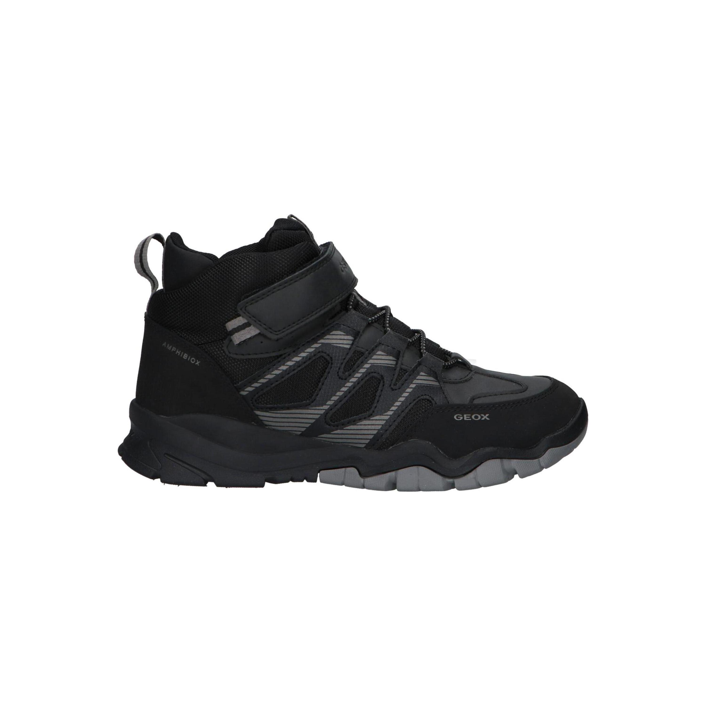 Geox Black Casual Sneakers for Boys, stylish synthetic leather footwear with a textile lining, rubber sole, and adjustable lace closure, ideal for autumn-winter season casual wear. Perfect boy sneakers for comfort and style.