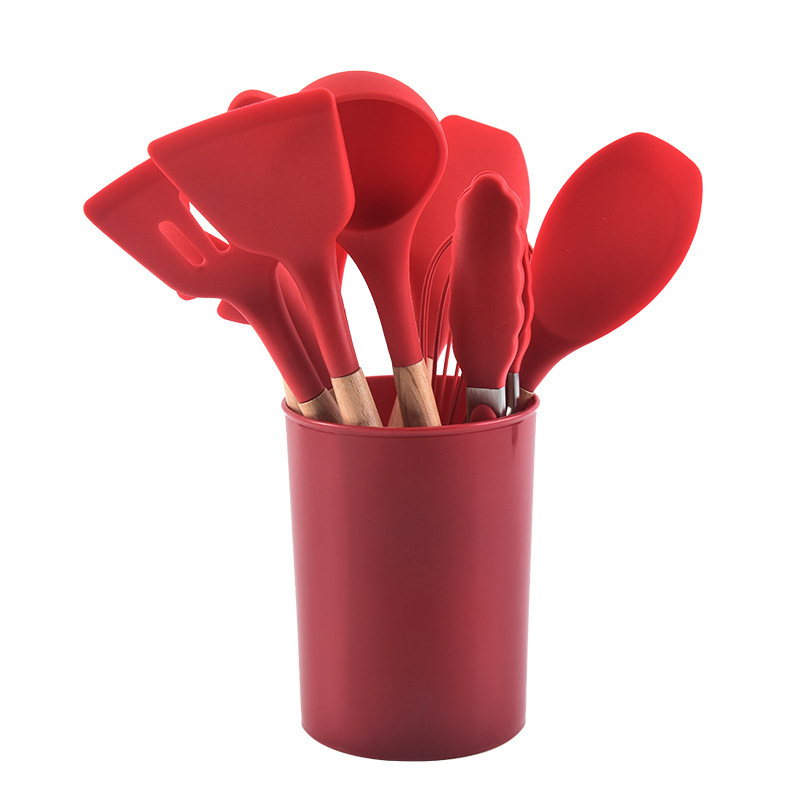 CA Set de 12 Utensilios de Cocina de Silicona con Mango de Madera - Antiadherentes, Faciles de Limpiar - Herramientas Esenciales de Cocina para Hornear y Cocinar