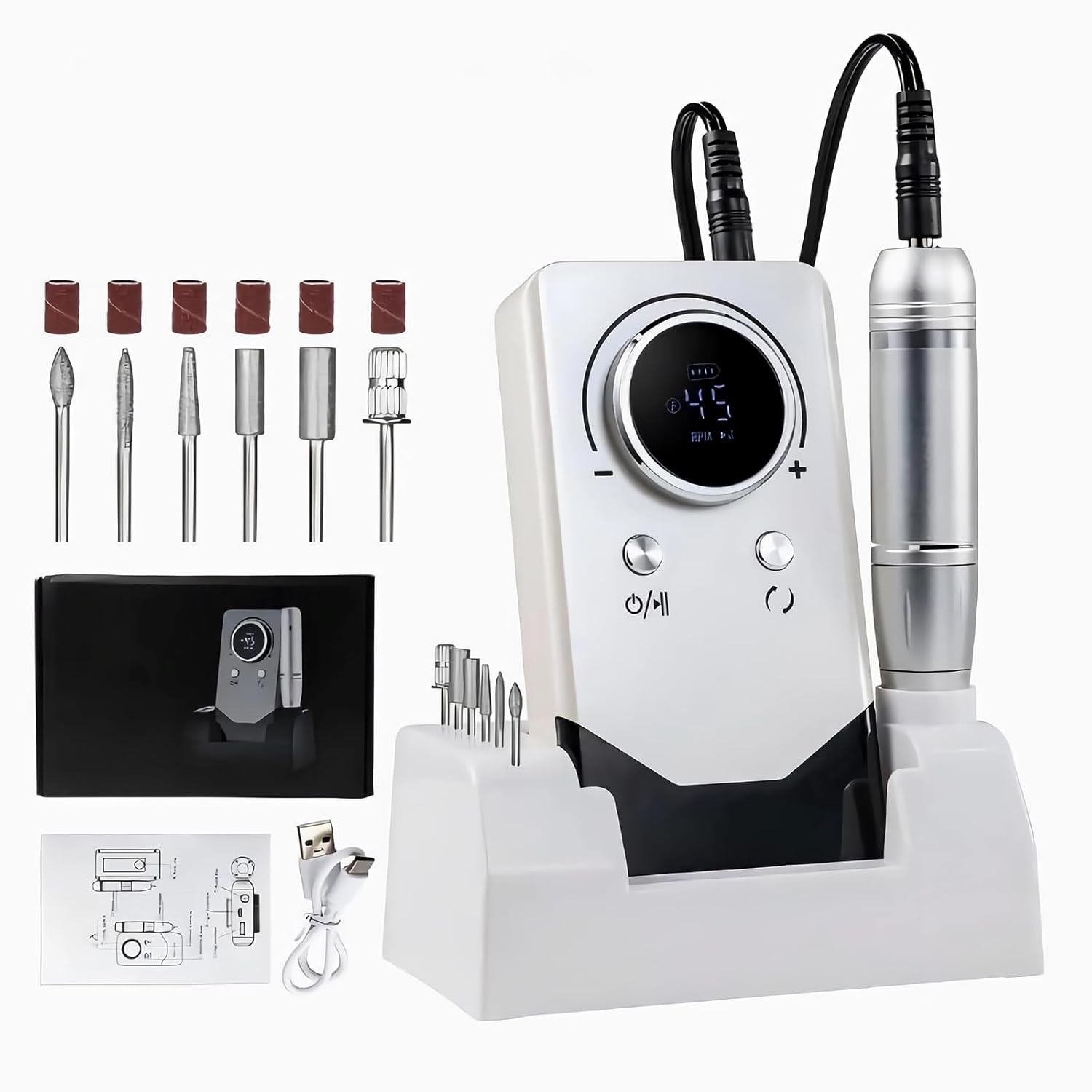 Taladro de uñas portátil de 45000 RPM, lima de uñas eléctrica, kit de taladro de uñas Efile recargable profesional con 6 brocas para uñas y base, máquina perforadora de uñas para pulido de uñas acrílicas en gel