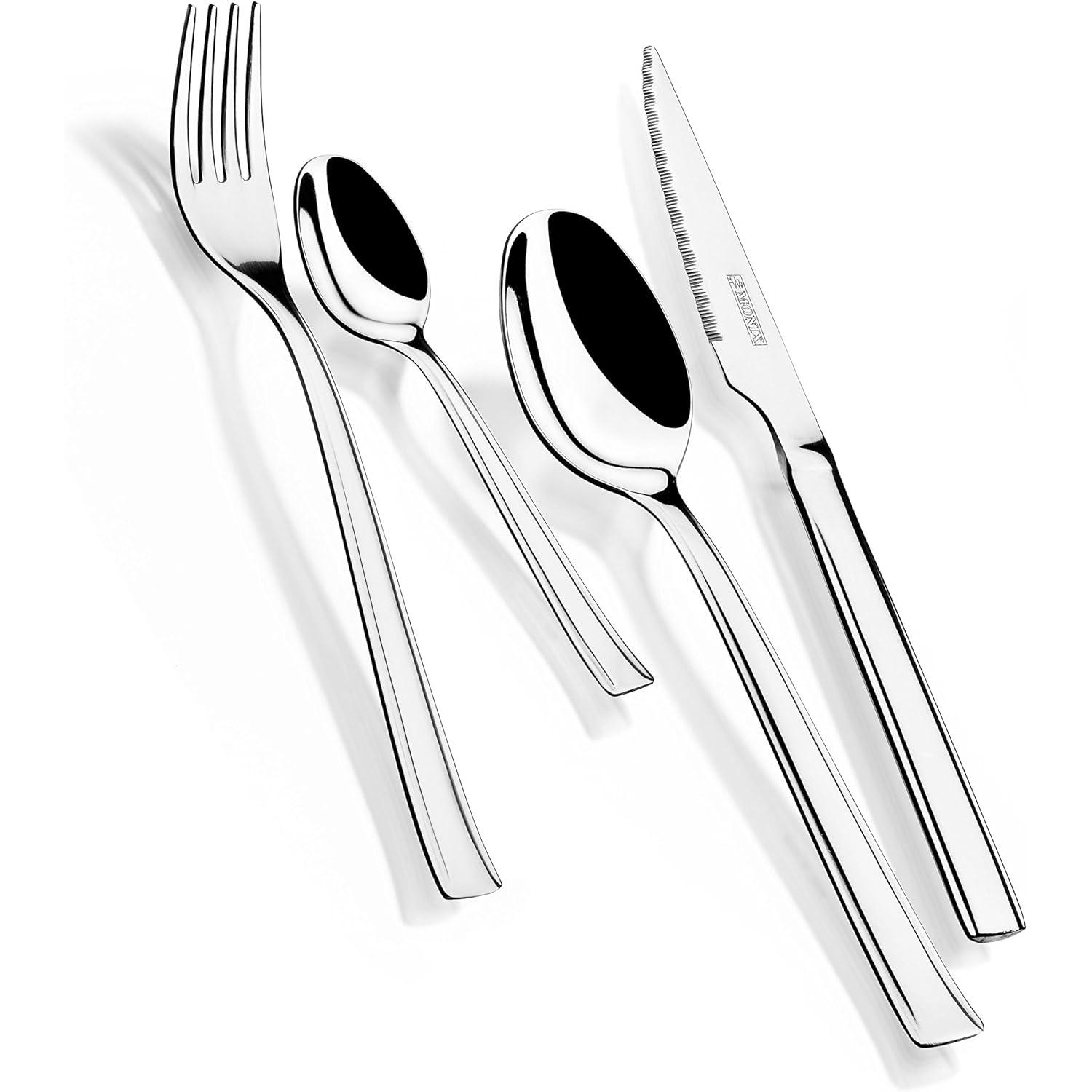 MONIX Europa Juego de Cubiertos de 24 Piezas, Elaborado en Acero Inoxidable con Cuchillo Chuletero, Diseño Moderno con Acabado Pulido Brillo, para 6 Comensales, Espesor 3 mm, Apto para Lavavajillas, Color Plata