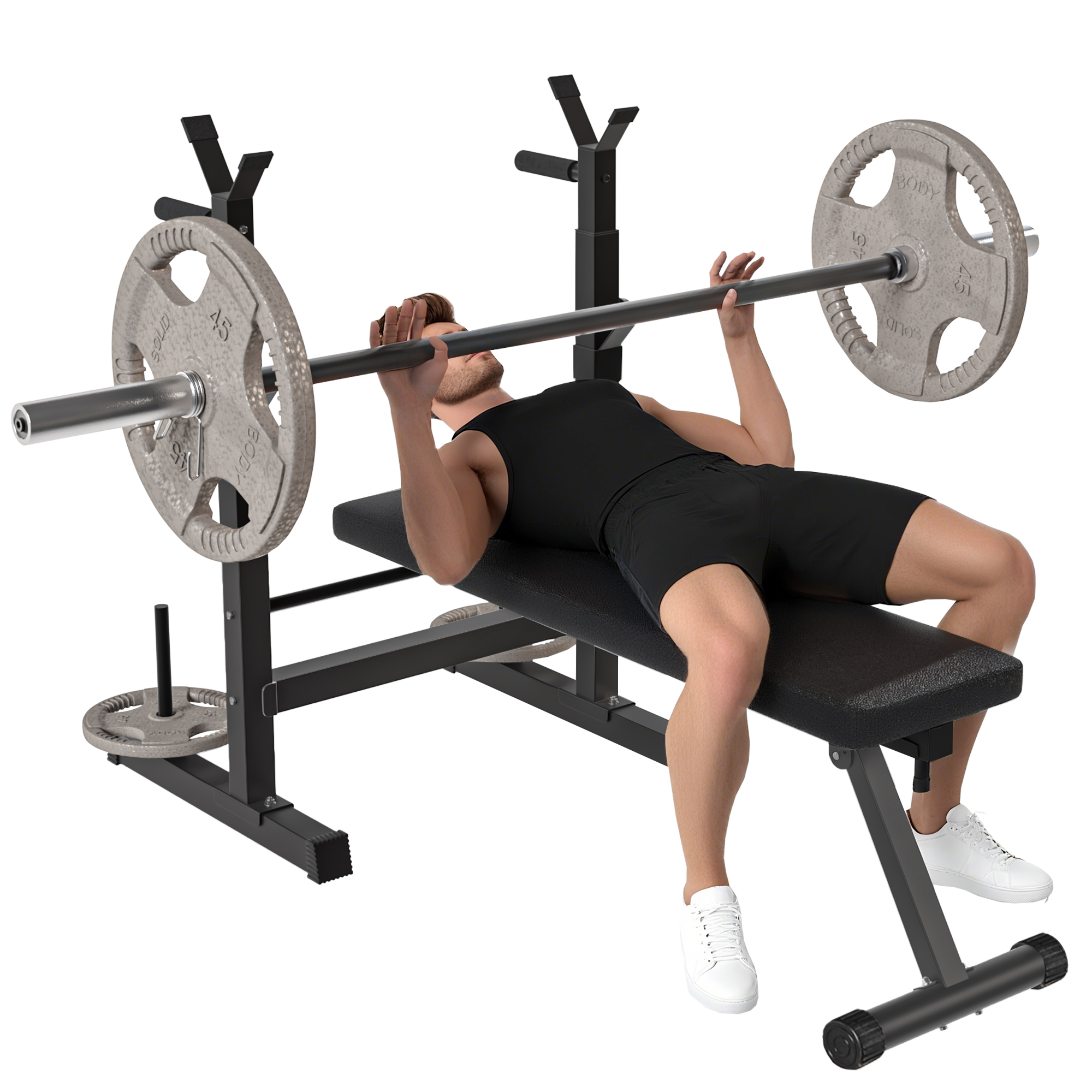 HOMCOM Banco de Musculación Multifuncional Plegable, Banco de Pesas, Press Banca con Soporte para Barras Ajustable y Estación de Dips, Carga 220 kg, para Entrenamiento Completo en Casa Gimnasio