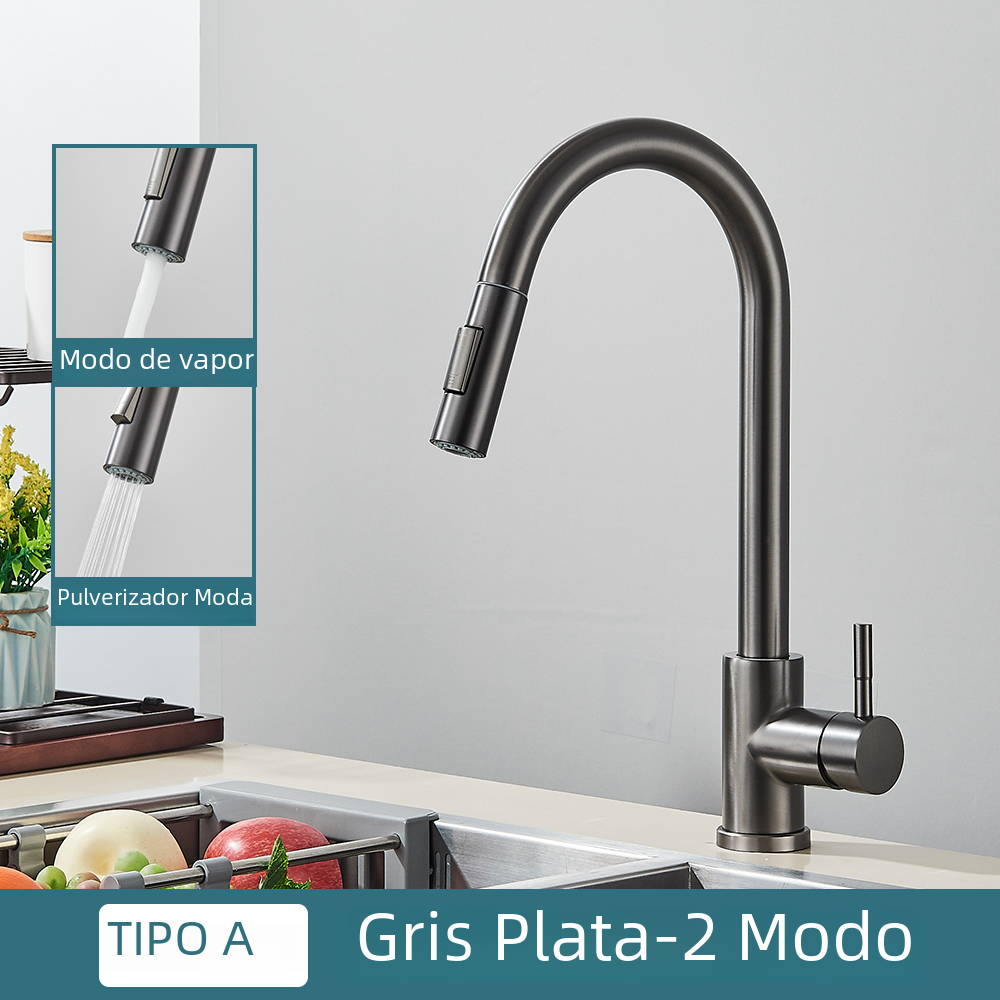 Grifo de Cocina Negro de dos funciones, cóctel extraible de un solo Mango, Grifos de Agua Caliente y fría Montadas en cubierta