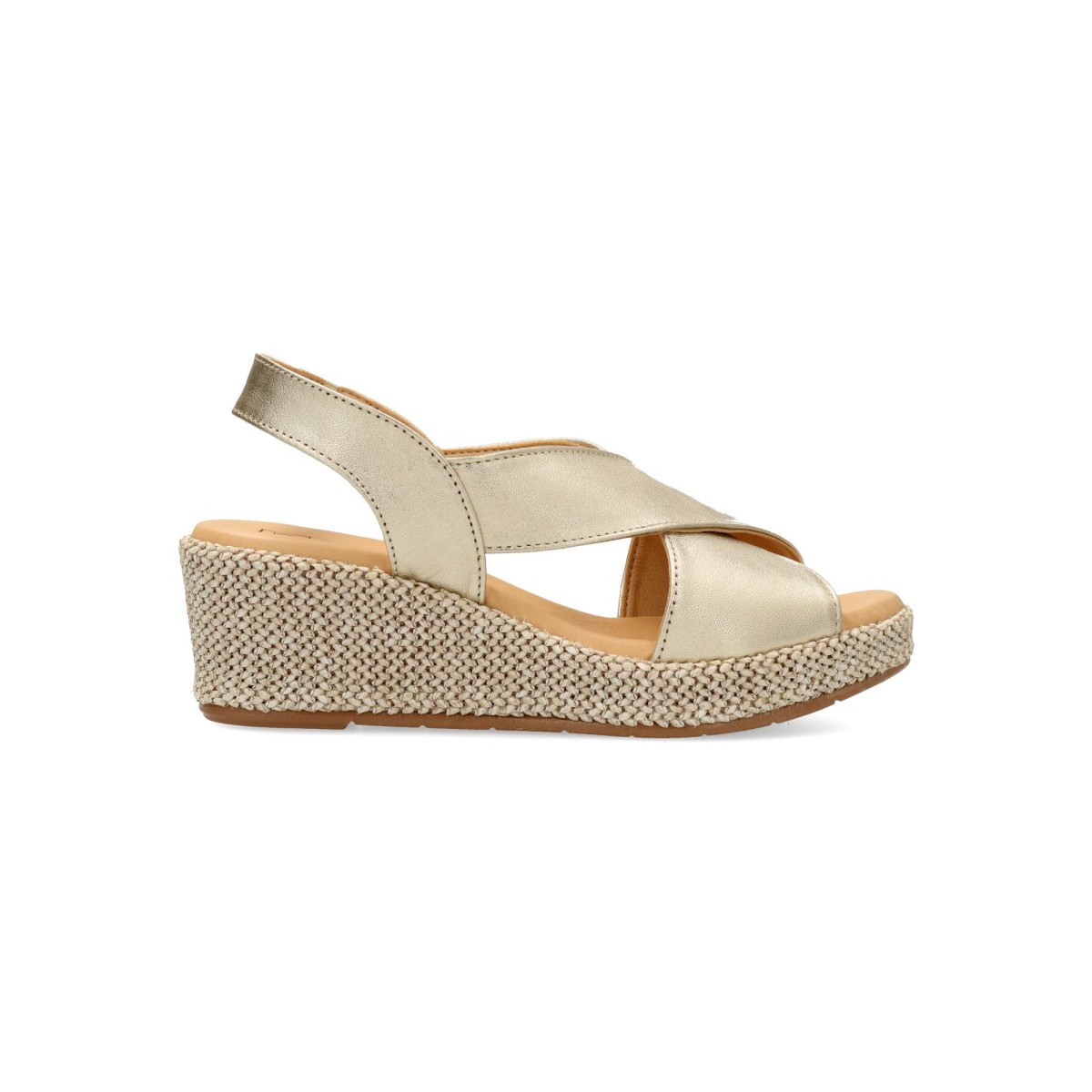PITILLOS - Sandalia de piel metalizada para mujer con tiras cruzadas, cuña forrada en rafia y planta acolchada, altura 5,5 cm color oro