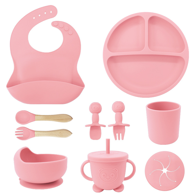 Vajilla de Bebé Silicona, 10 piezas de Vajilla Infantil, Cuadertos con Plato Sucker, Plato Bebe Ventosa,Tenedor con Mango De Madera, ，Bebe de silicona, Babero Set vajilla silicona Bebe