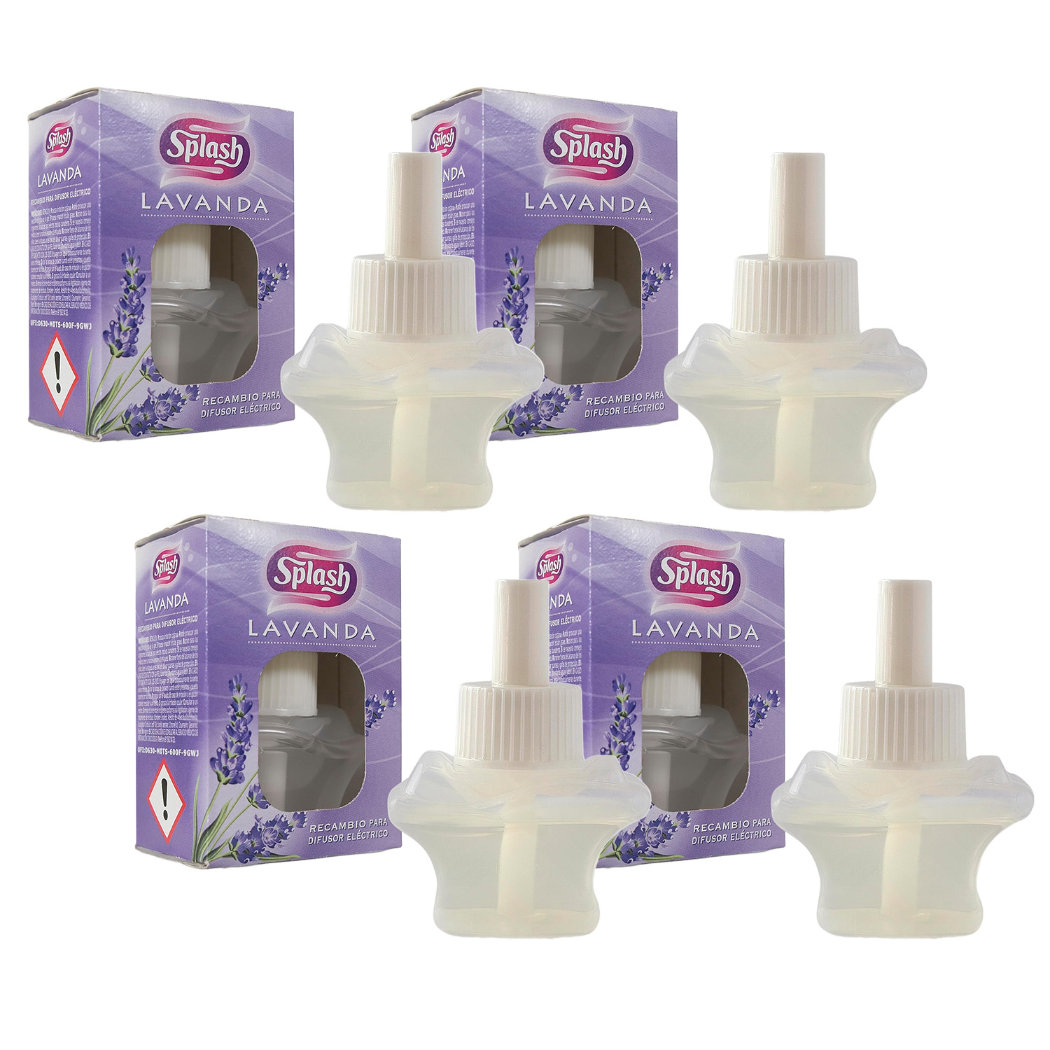 SPLASH - Recambio Ambientador Eléctrico - Pack 4 x 25 ml - Aroma Lavanda - Fragancia Fresca y Duradera - Refresca y Elimina Olores - Duración hasta 75 Días