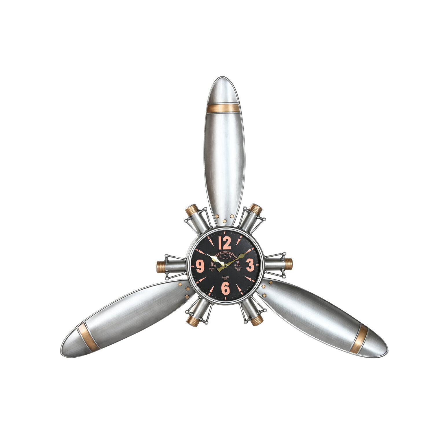 Reloj pared metal 121x7x106 helice avion plateado , El mejor complemento para tu hogar.