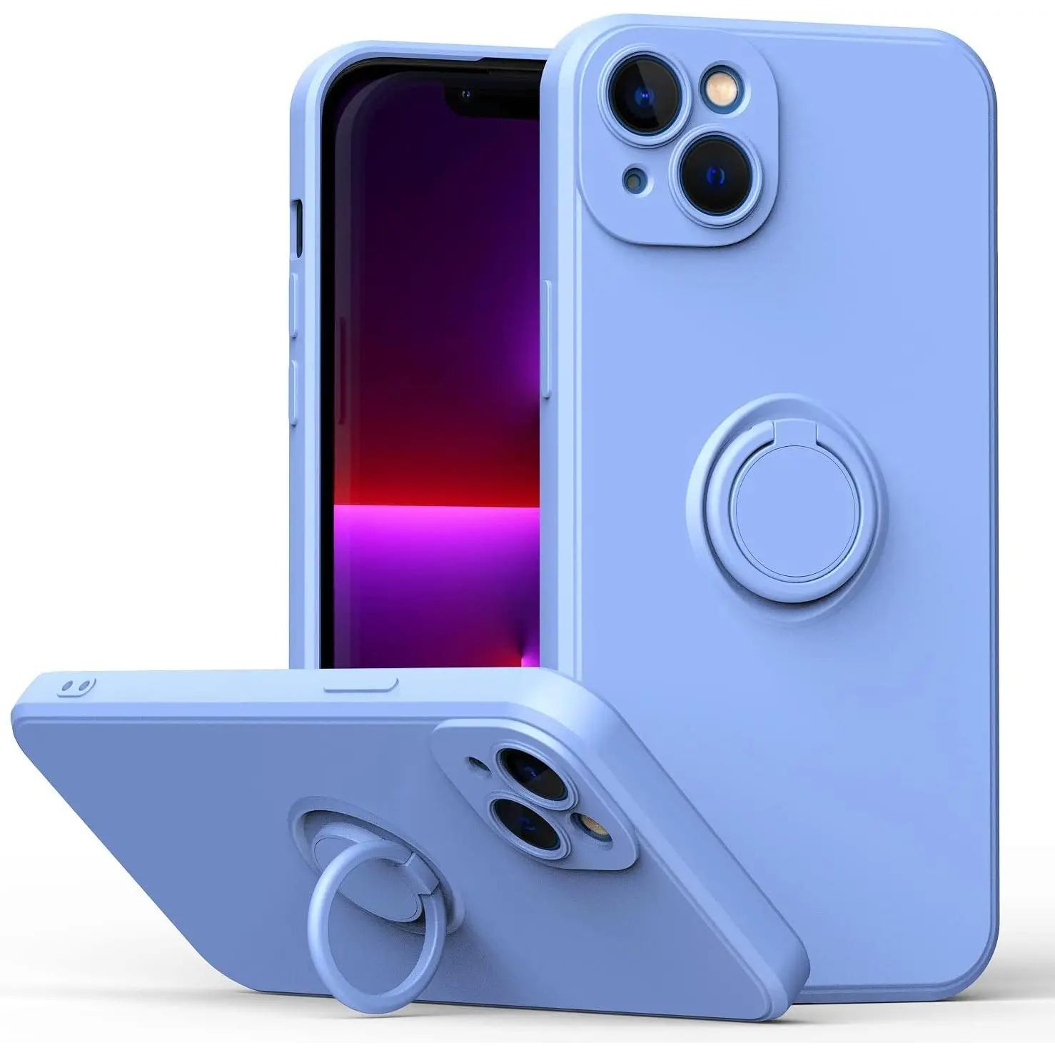 Funda De Silicona Con Anillo Giratorio Para Iphone 12 13 14 Pro Max Mini Plus Flexible Microfibra Suave Soporte Anillo Giratorio Magnético Varios Colores Naranaja Negro Azul Morado Verde Agua