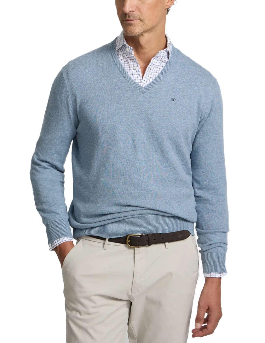 Jersey Silbon cuello pico azul con cashemire de hombre
