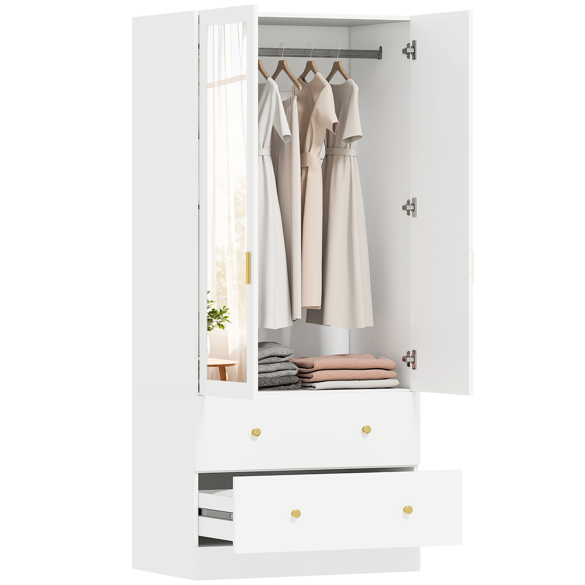 HOMCOM Armario Dormitorio 2 Puertas y 2 Cajones, Armario Ropero con Espejo, Barra para Colgar, Estilo Moderno, 80x50x180 cm, Blanco