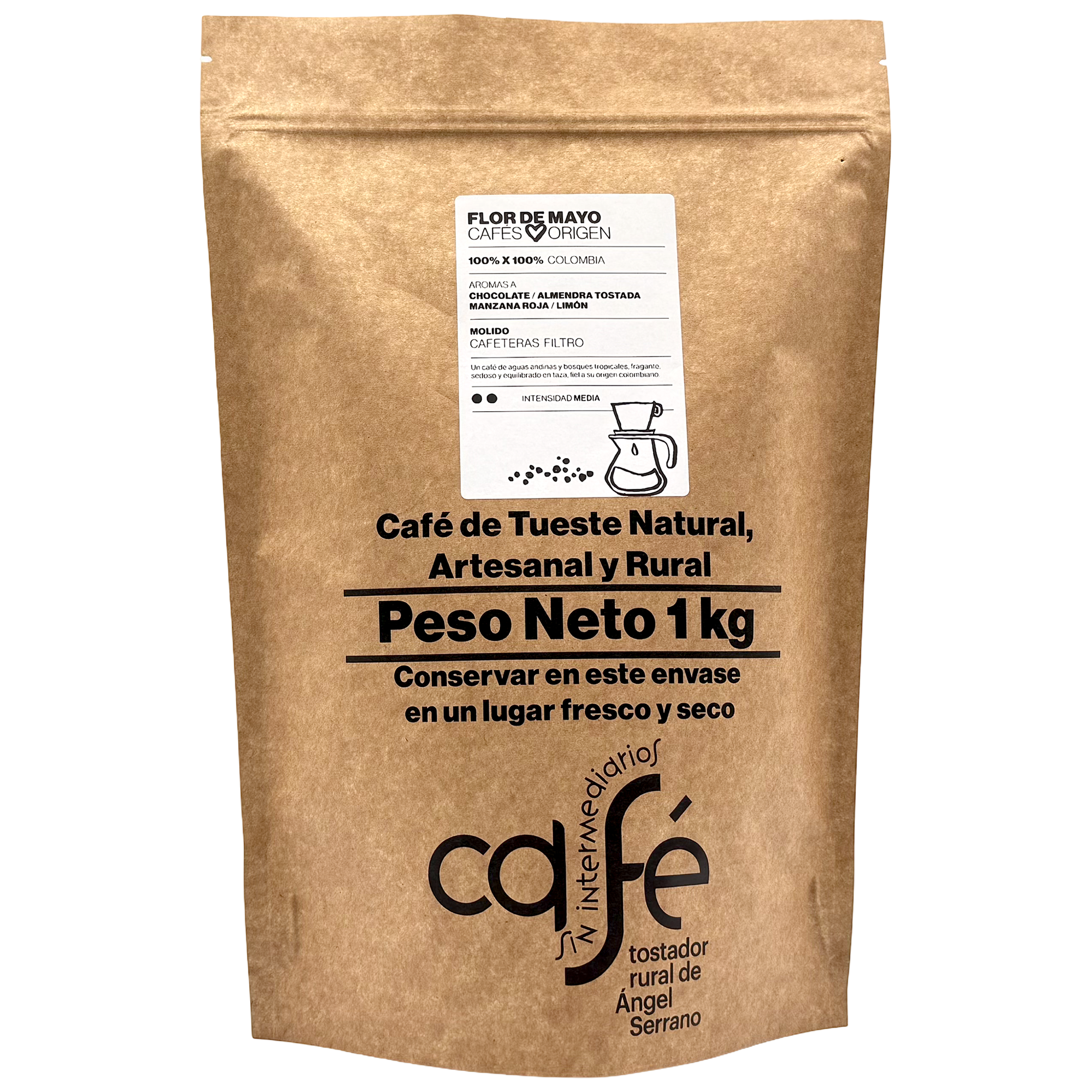 CAFÉ SIN INTERMEDIARIOS - 100% Colombia - Flor de Mayo - Ideal para tomar solo - Intensidad de sabor Media - Recién tostado y envasado - 1 Kg Grano o Molido (Exprés, Filtro, Italiana, Americana, Superautomática)