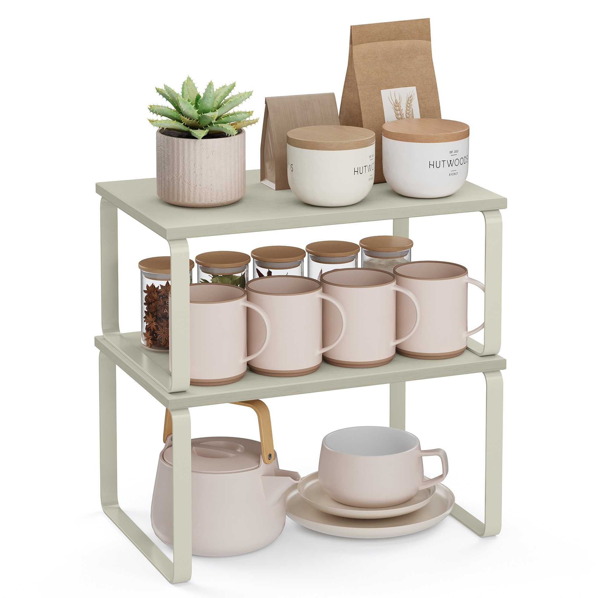 SONGMICS Estante para Especias, Juego de 2, Organizador de Armario, Estante de Almacenamiento de Cocina Extensible, Especiero de Metal y Madera de Ingeniería, Blanco Nube y Beige Natural/Negro Tinta y Beige Natural/Negro Ébano y Negro/Blanco Nieve y Blanc