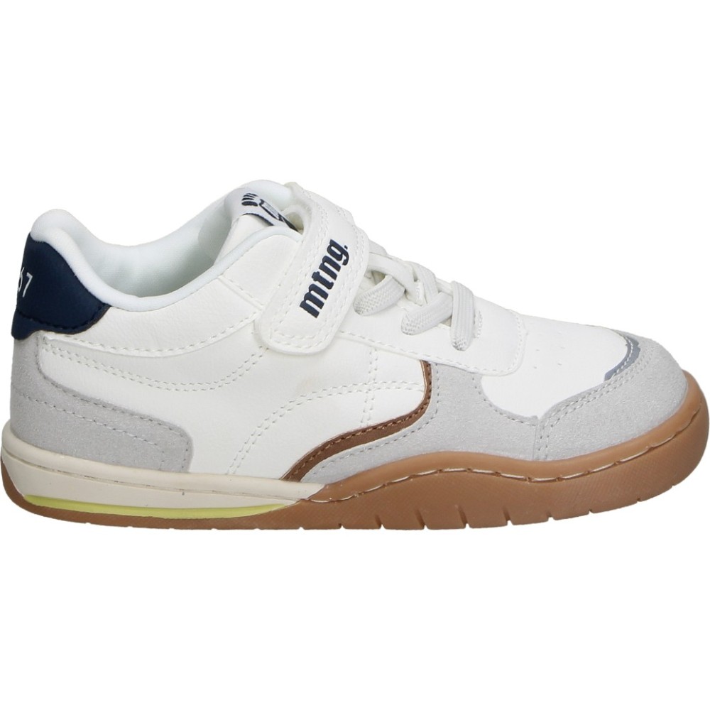 MTNG | Zapatillas Barefoot Mustang Infantiles – Deportivas Respetuosas en Blanco con Detalles en Azul Marino y Gris – Sneakers con Cordones Elásticos y Adhesivo – Flexibles – Modelo 49096