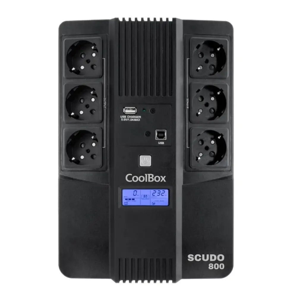 Coolbox - UPS de protección integral 800 VA / 480 W con pantalla LCD, 6 enchufes Schuko y puertos USB + RJ-45 para estabilidad eléctrica en entornos profesionales y domésticos