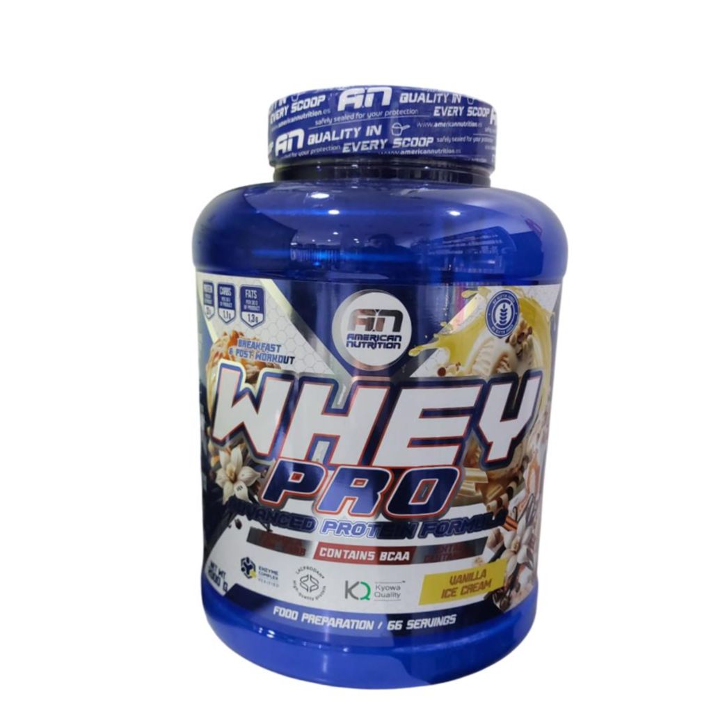 Proteína Whey PRO 1kg - Whey Protein - American Nutrition - concentrado de proteína de suero LACPRODAN®. Con BCAAs y Glutamina. Enzimas Digestivas.
