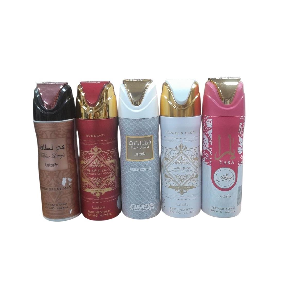Pack 5 Uniades - Desodorantes para Mujer - Musamam White , Fakar White 200 Ml , Yara Candy 200 Ml , Badee Rojo , Badee Blanco - Lattafa Set 5 Uni