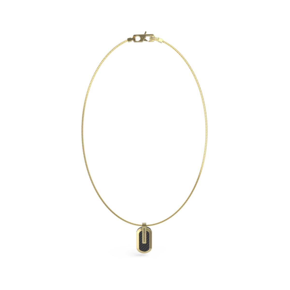 GUESS - Colgante RACER TAG JUMN04045JWYGBKT-U para hombre, de acero dorado con placa negra lacada y logo distintivo, ideal para looks deportivos y diarios