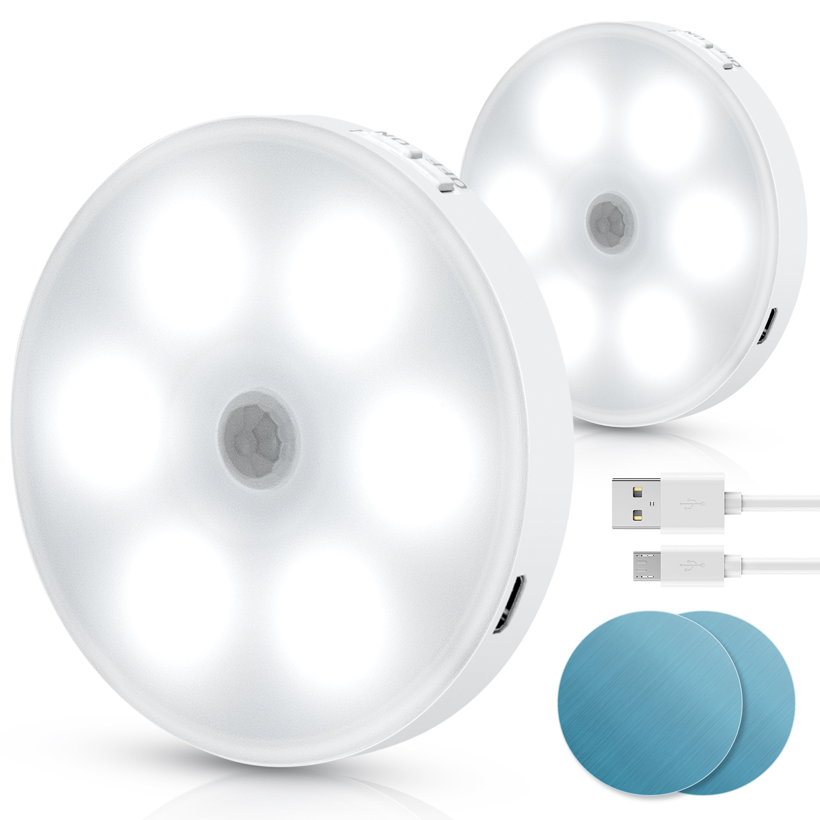 Aigostar 2 Piezas 6500K Luz Nocturna Magnética LED con Sensor de Movimiento, Luz Armario Adhesiva USB Recargable, 0.5W Luz Noche para Habitación, Pasillo, Cocina, Escaleras