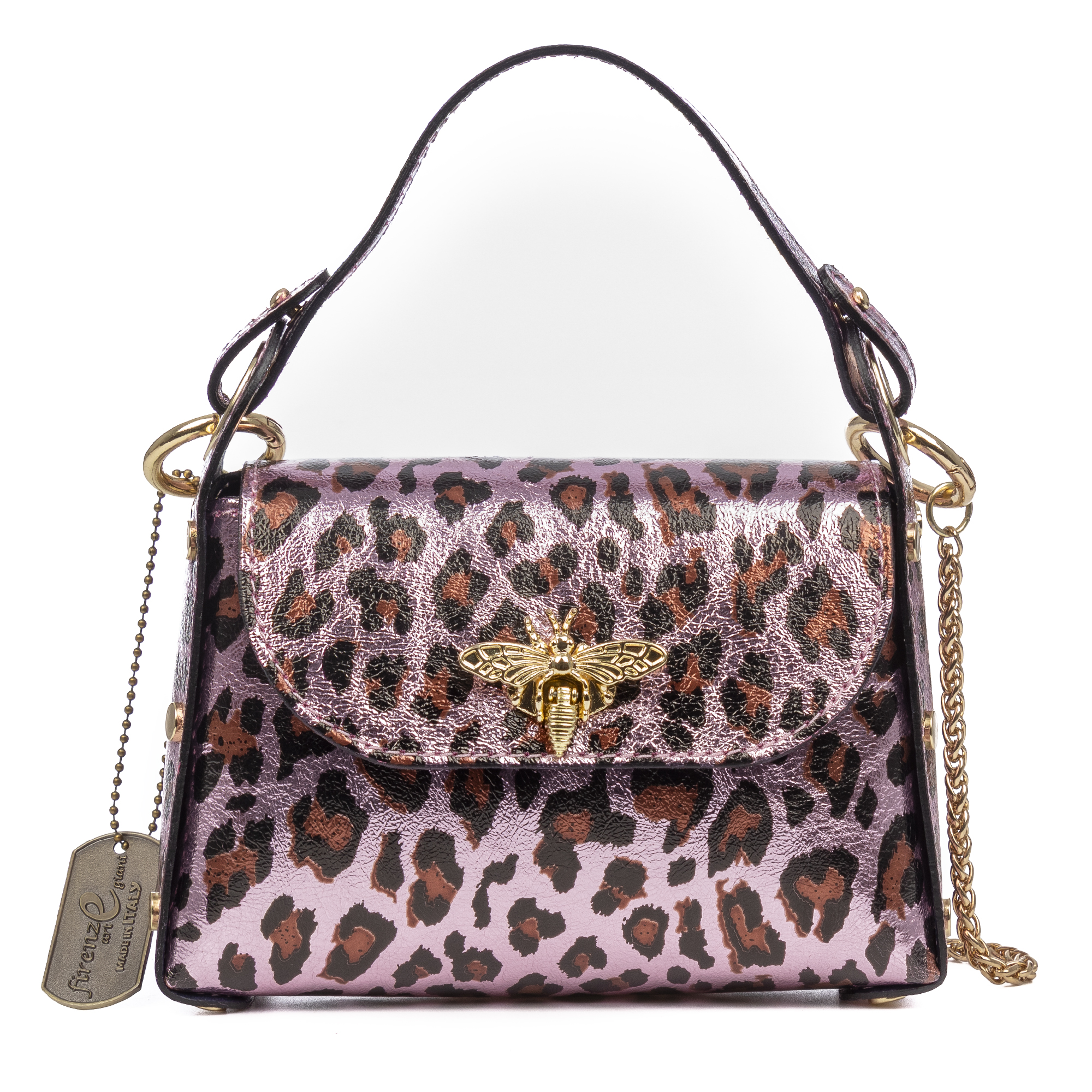 FIRENZE ARTEGIANI Aquileia bolso de mano mujer. Piel auténtica Gamuza con estampado animal print leopardo lacada brillante. Fabricado en Italia 19x7x13 Cm. Color: Leopardo