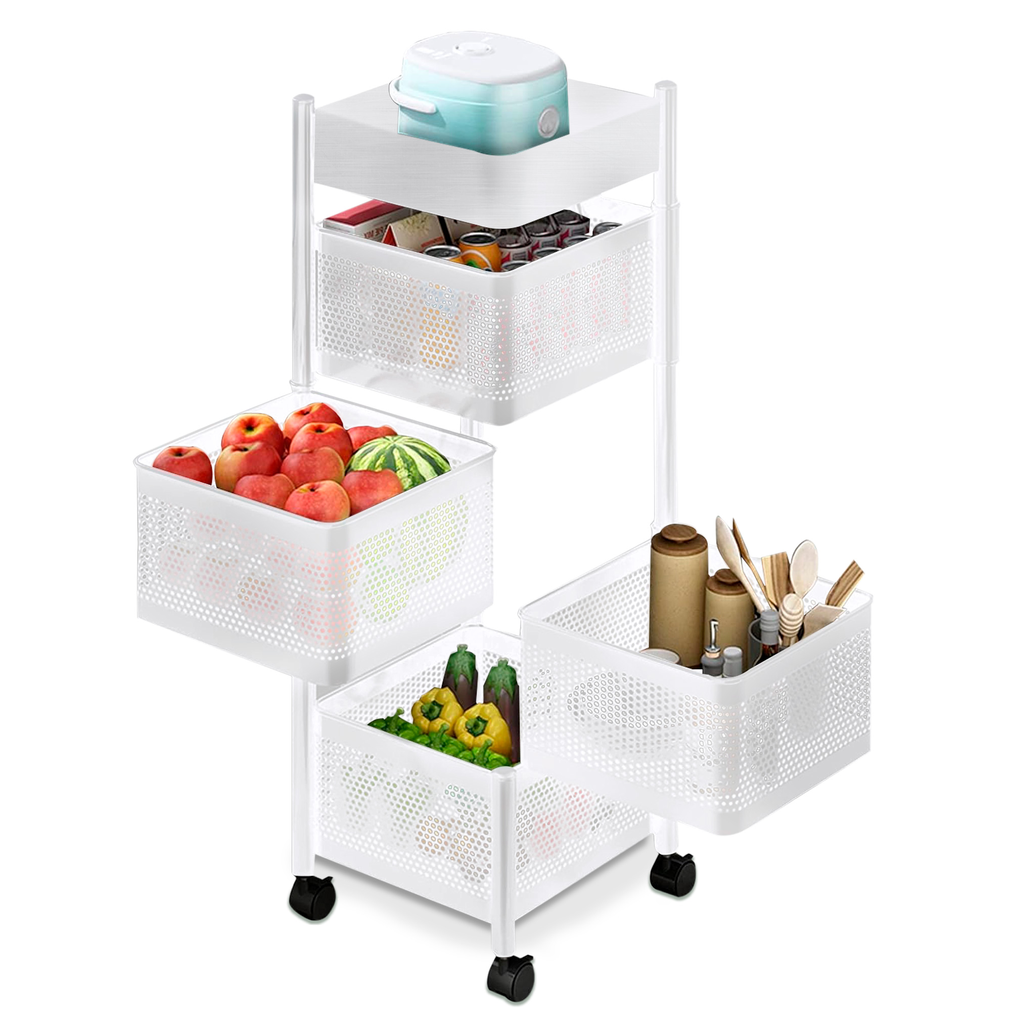 RELAXTY Carrito Auxiliar 4 Niveles con Ruedas: Carrito de Cocina y Baño Metálico Giratorio para Frutas y Utensilios